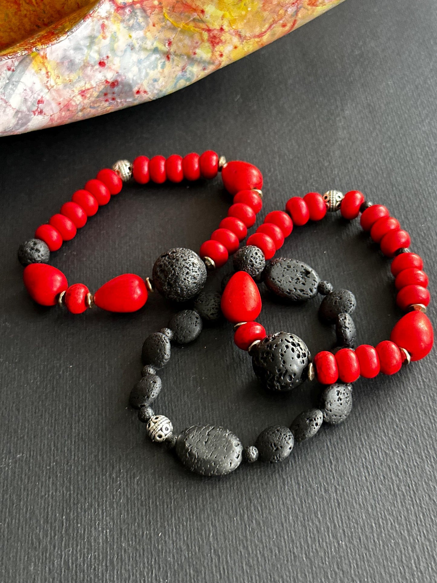 Red and Black Lava Stone and Ceramic Single or Stack Unisex Bracelets