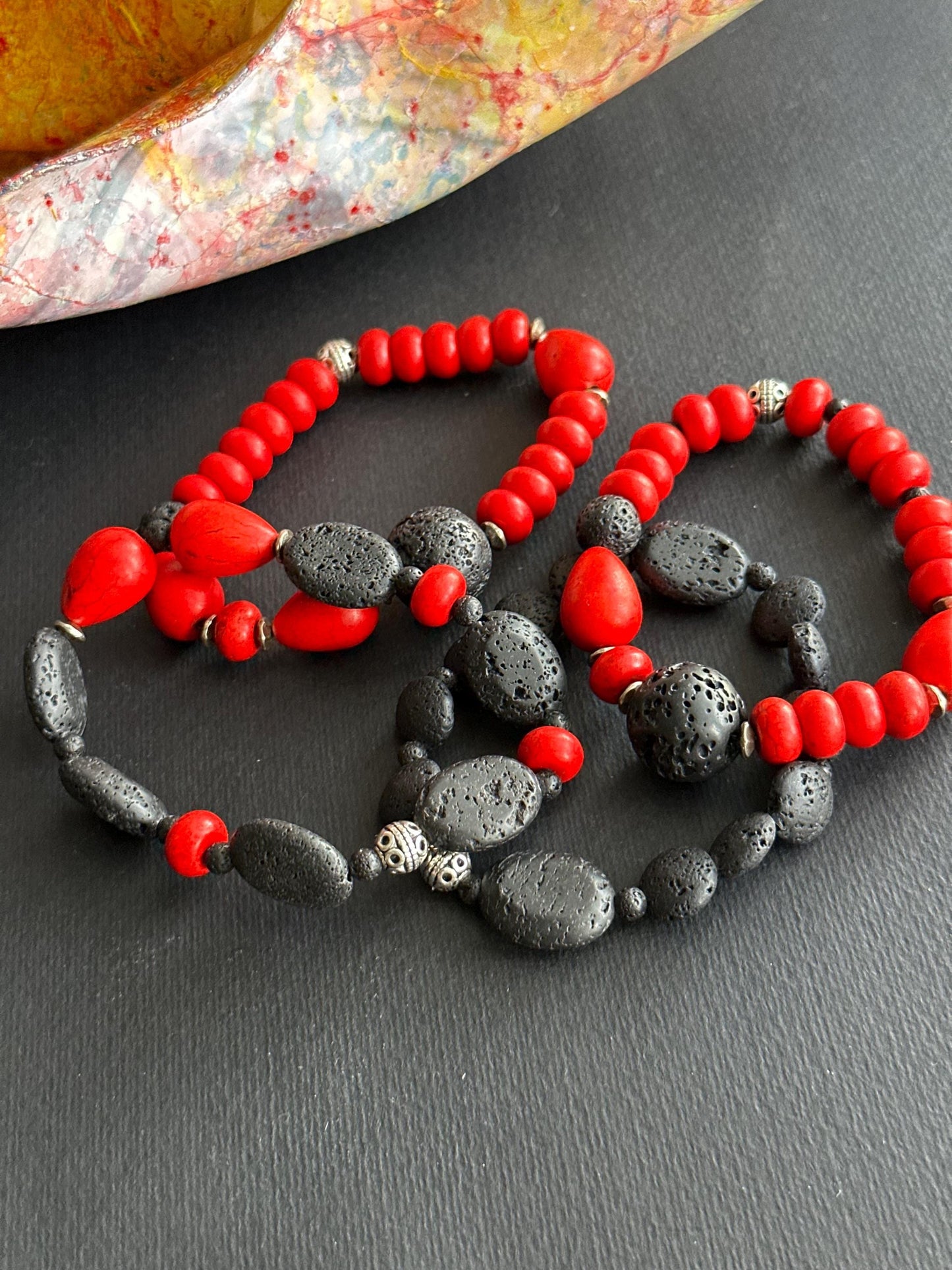 Red and Black Lava Stone and Ceramic Single or Stack Unisex Bracelets