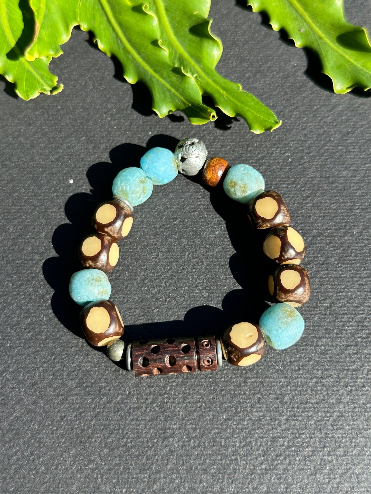Vintage Turquoise Colored Recycled Glass and Brown Wood Bracelet