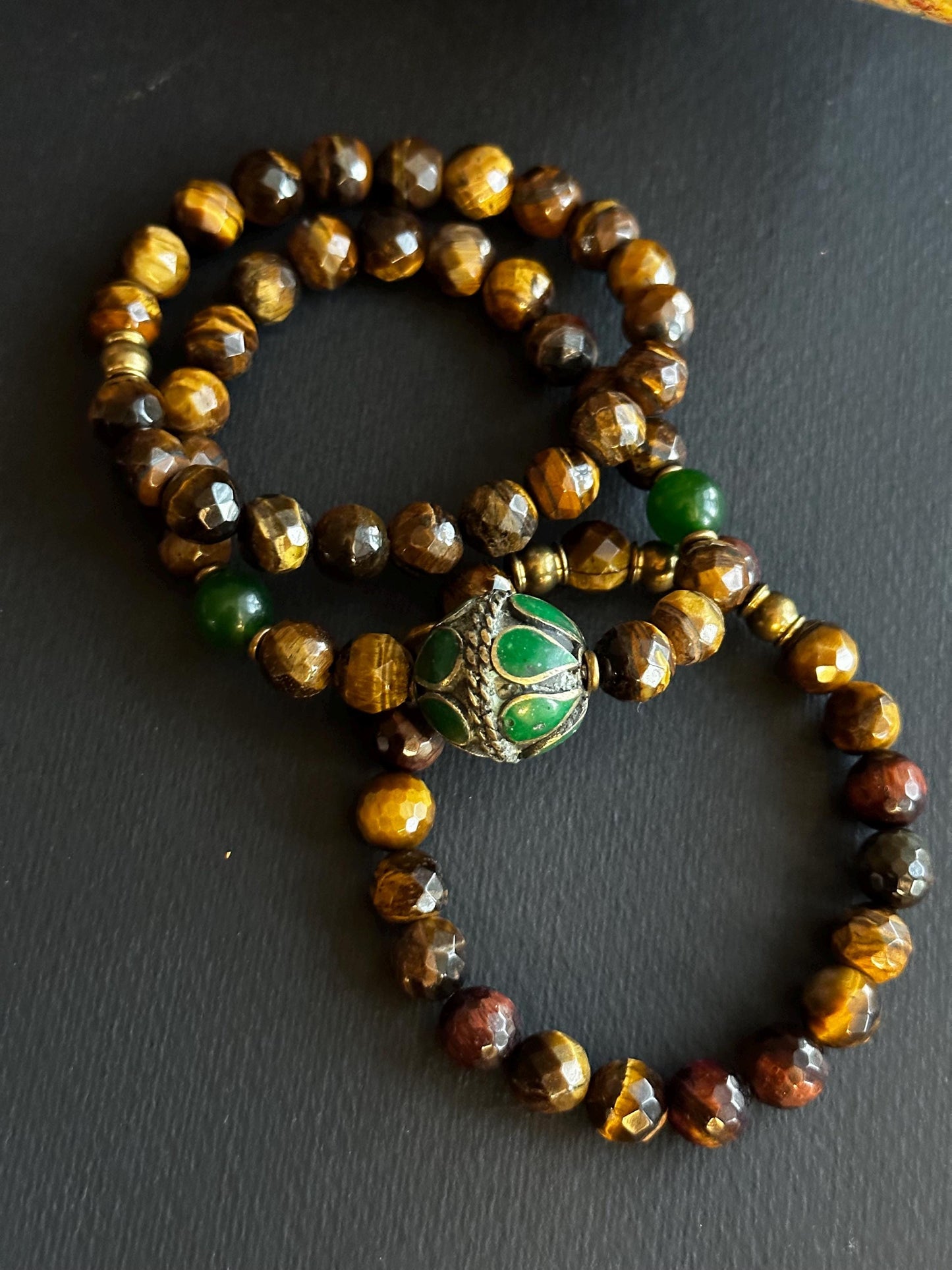 Earthy Roots- A blend of Tiger’s Eye and Jasper Bracelets with Tribal Inlaid Brass Focal Bead