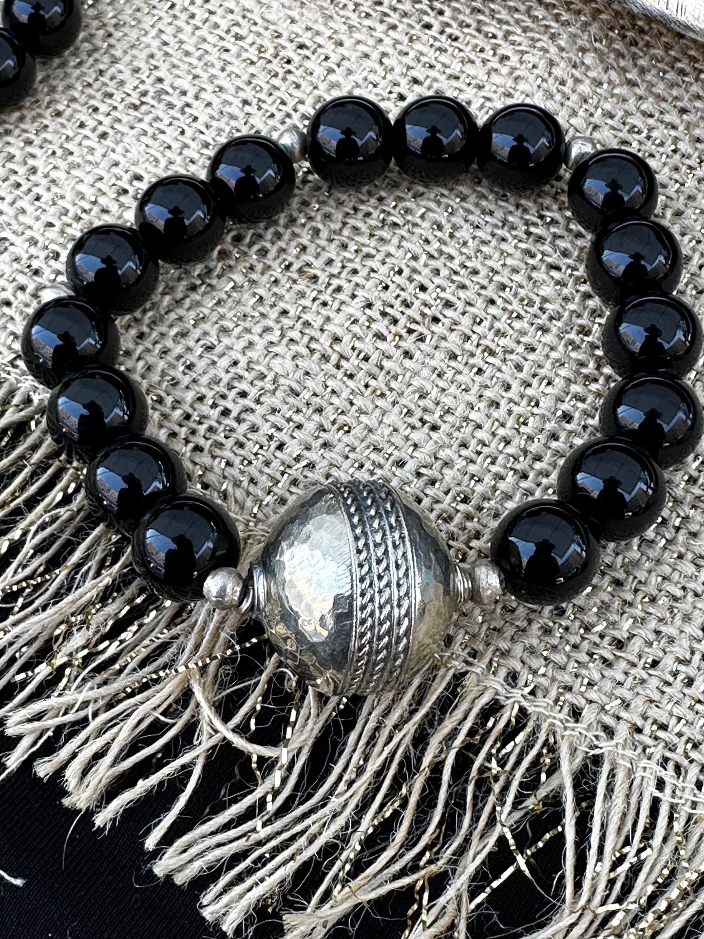 Black Jasper with Large Focal Silver Artisanal Berber Bead