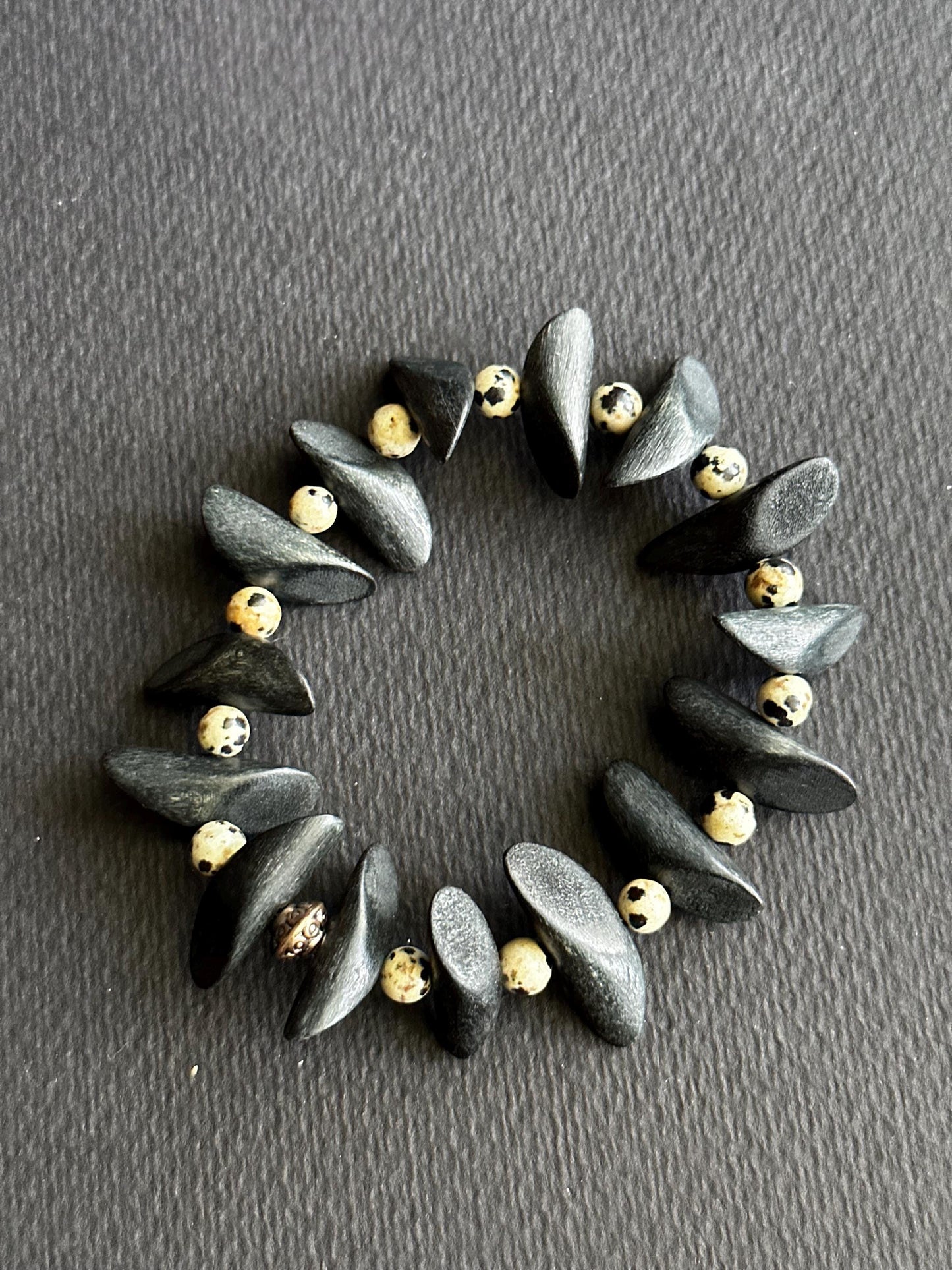Black Wood Nugget Bracelet: Silver & Dalmatian Accent Beads, Handmade