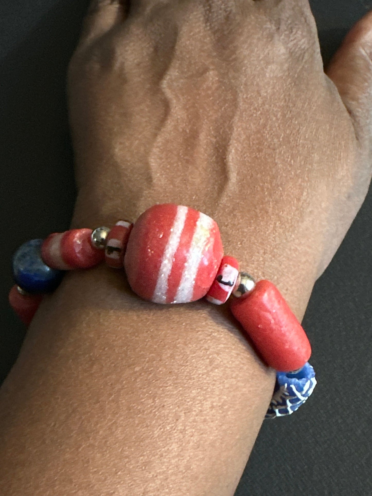Red White and Blue Recycled African Glass Krobo Beaded Bracelet-Unisex