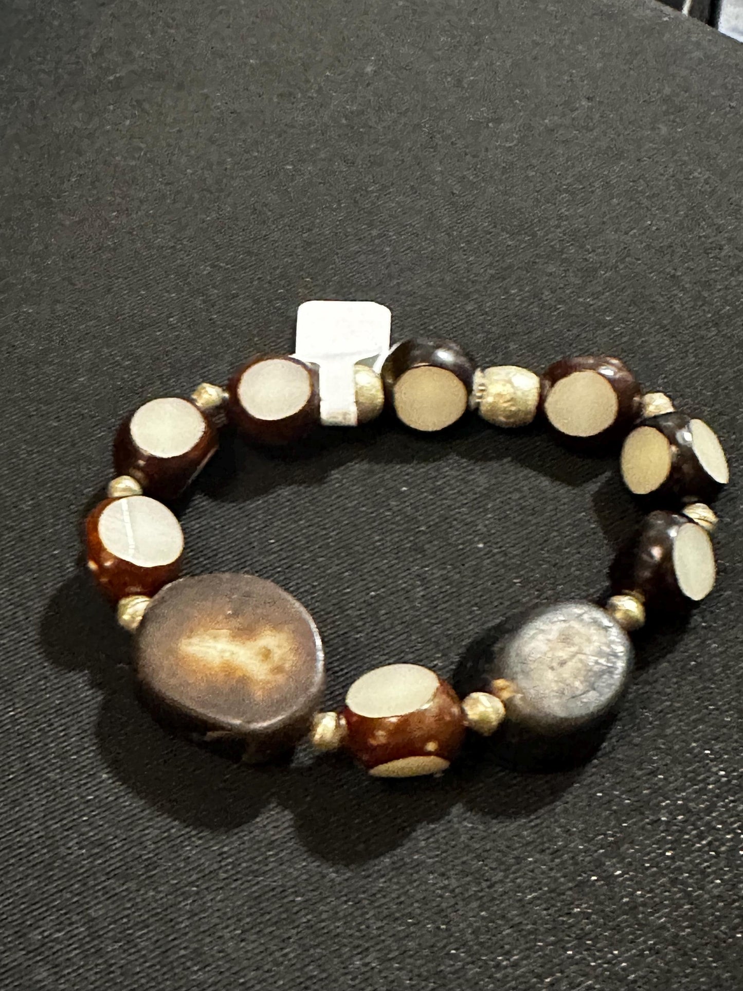 Carved Nut Wood Faceted Beaded Bracelet