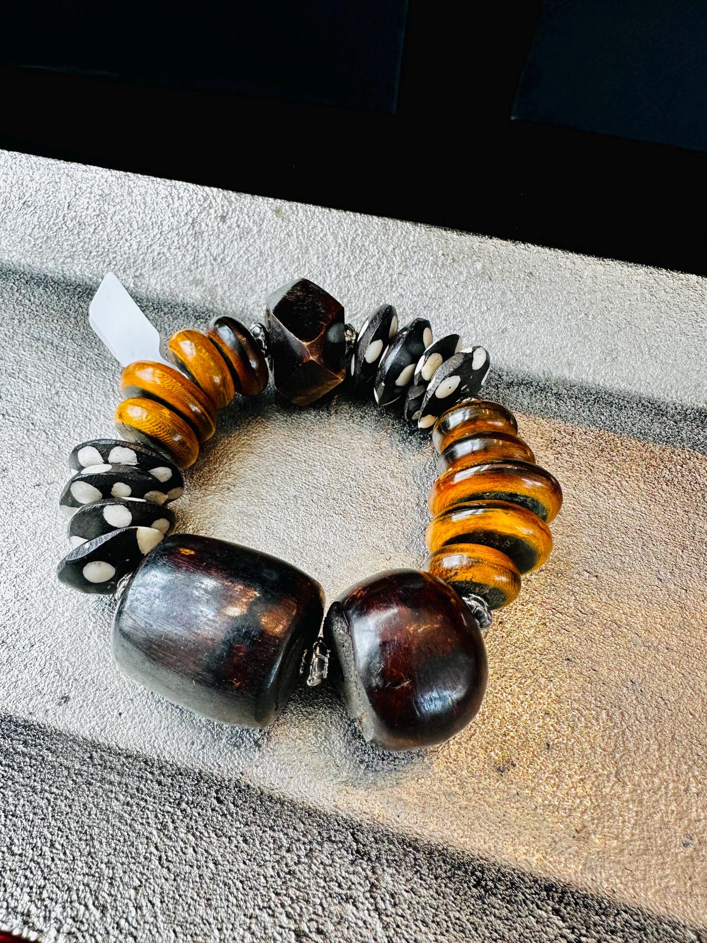 BohoChic Unisex Bracelet Handcrafted with Multi Shaped Bone and Horn Disc Beads.