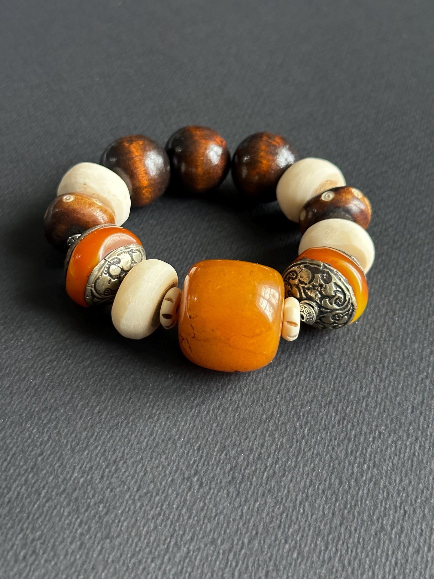 Earthy Unisex Beaded Bracelet • Orange Resin, Bone, Wood, Metal • 7.5 Inch