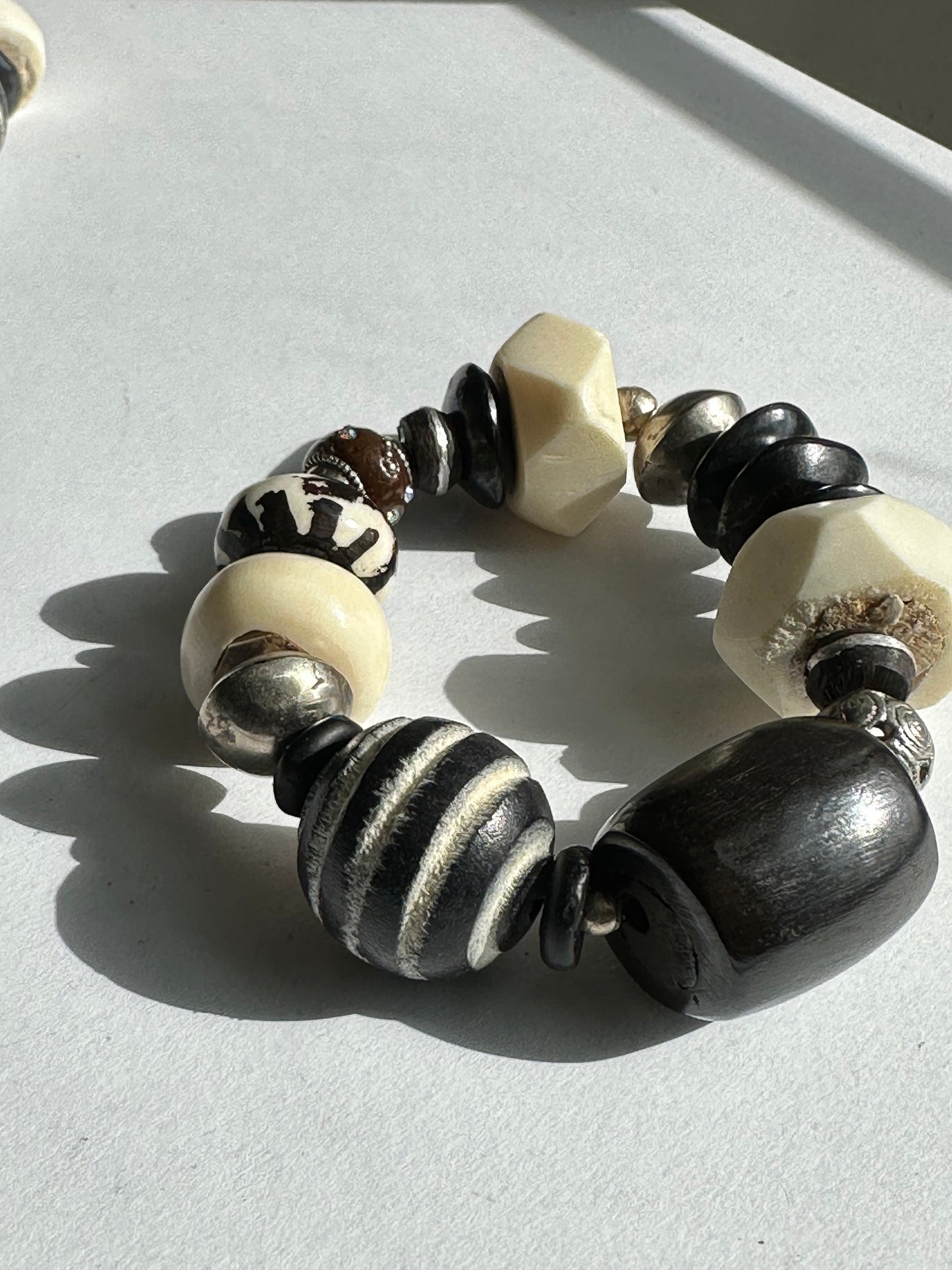 Large Batik Barrel Bone Focal Beaded Bracelet with Wood Saucer Round Faceted and Sauce White Bone Beaded Bracelet