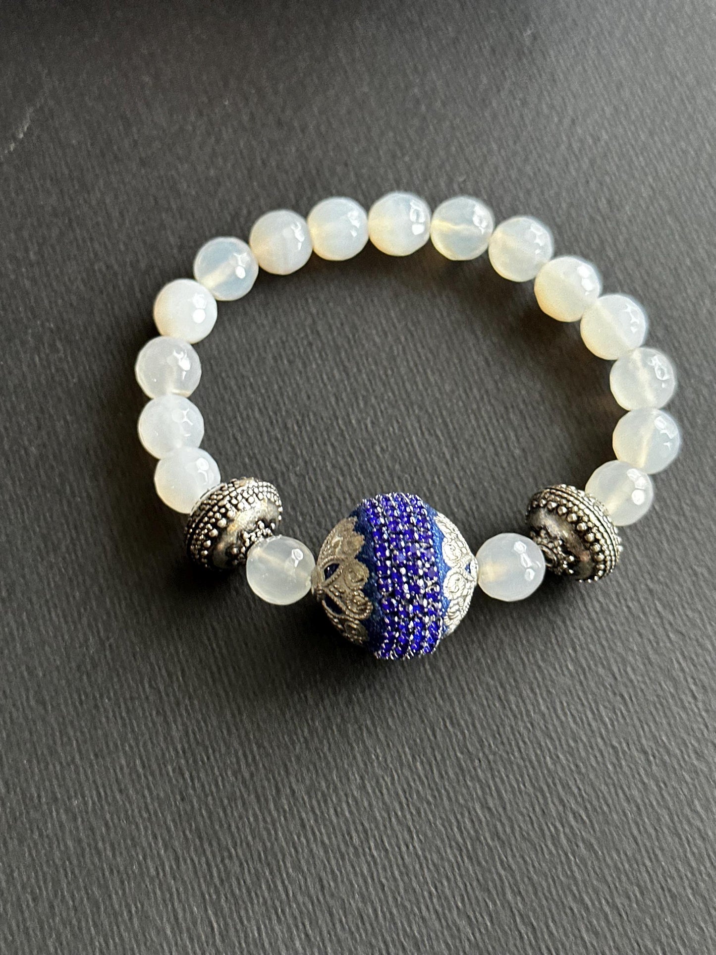 Blue and White Winter Bliss Bracelet Stack Featuring White Agate Beads