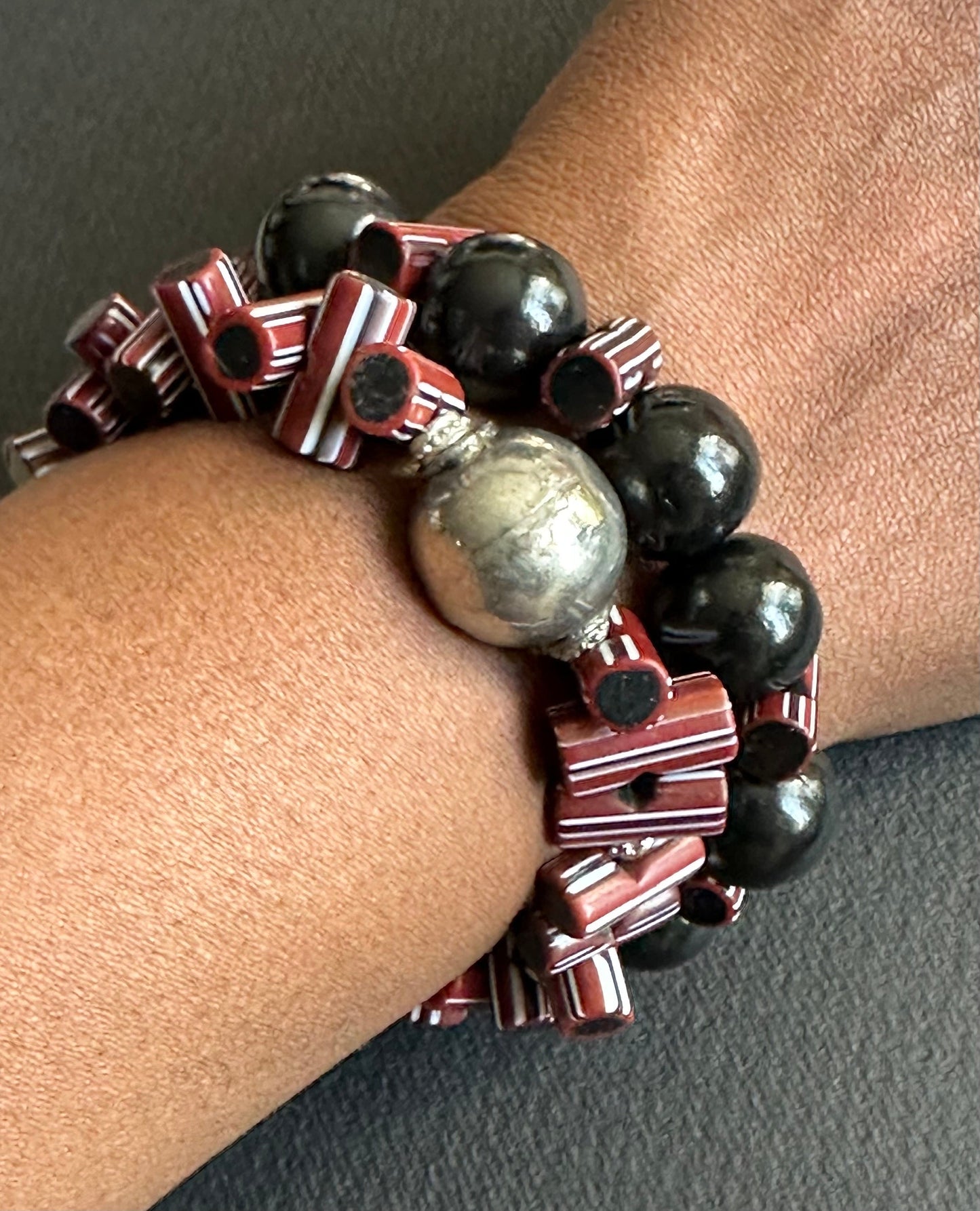 Black Wood Beaded Bracelet with Striped Java Beads