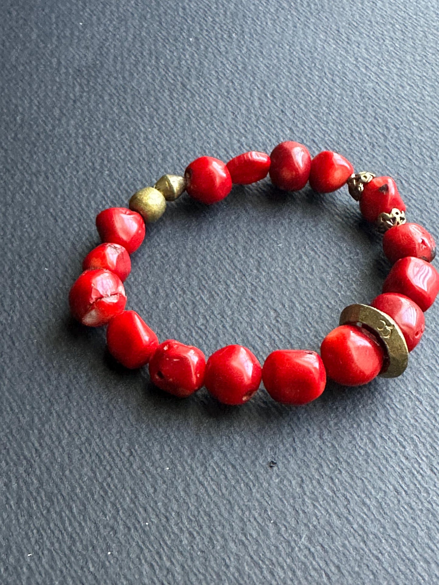 Red Coral with Gold Accent Beaded Bracelet