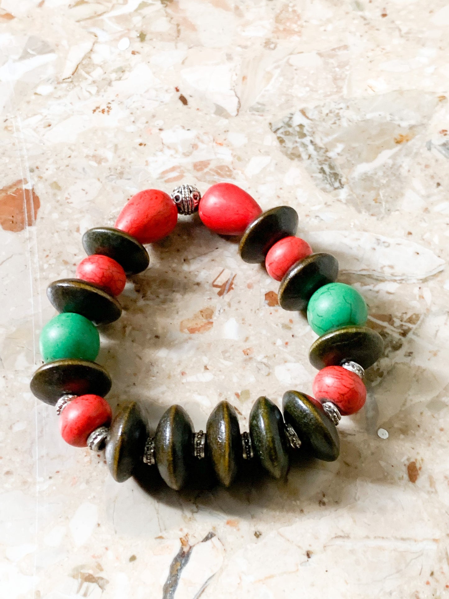 Red Green and Brown Wood Bracelet Unisex Bracelet for Men and Women