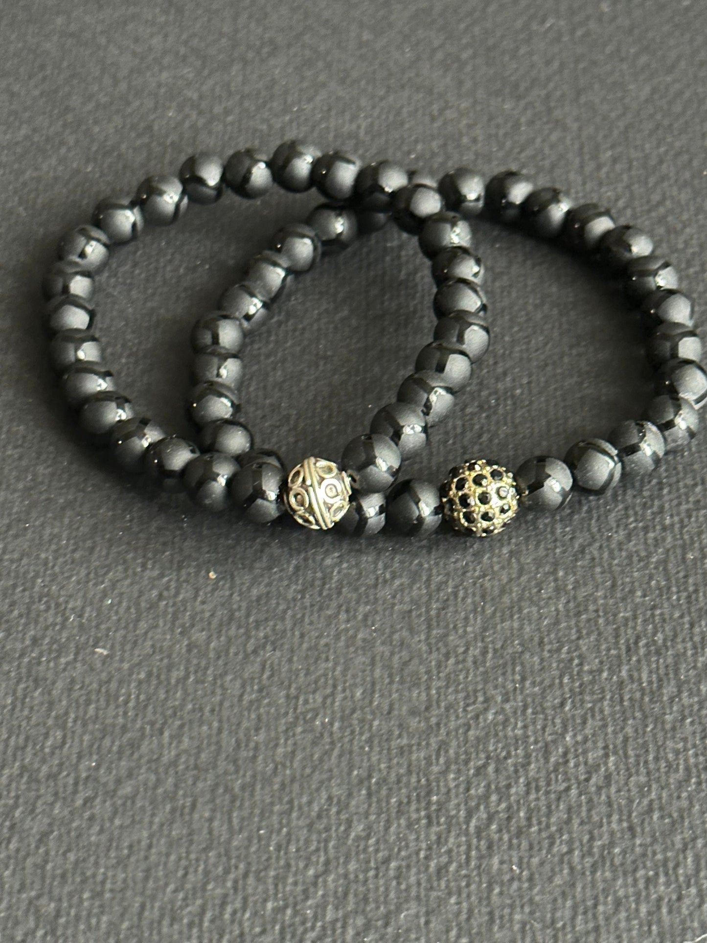 Striped Matte Onyx Bracelet with and Silver Focal Bead