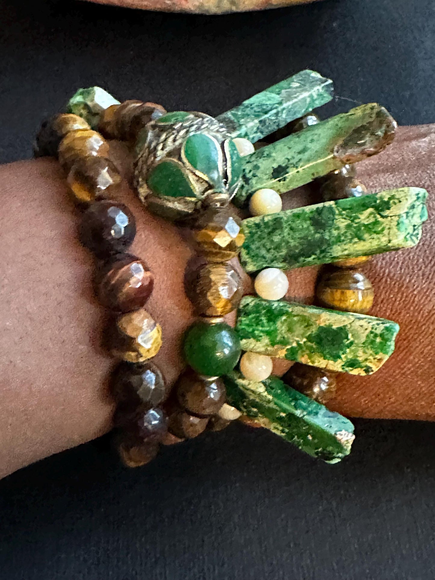 Earthy Roots- A blend of Tiger’s Eye and Jasper Bracelets with Tribal Inlaid Brass Focal Bead