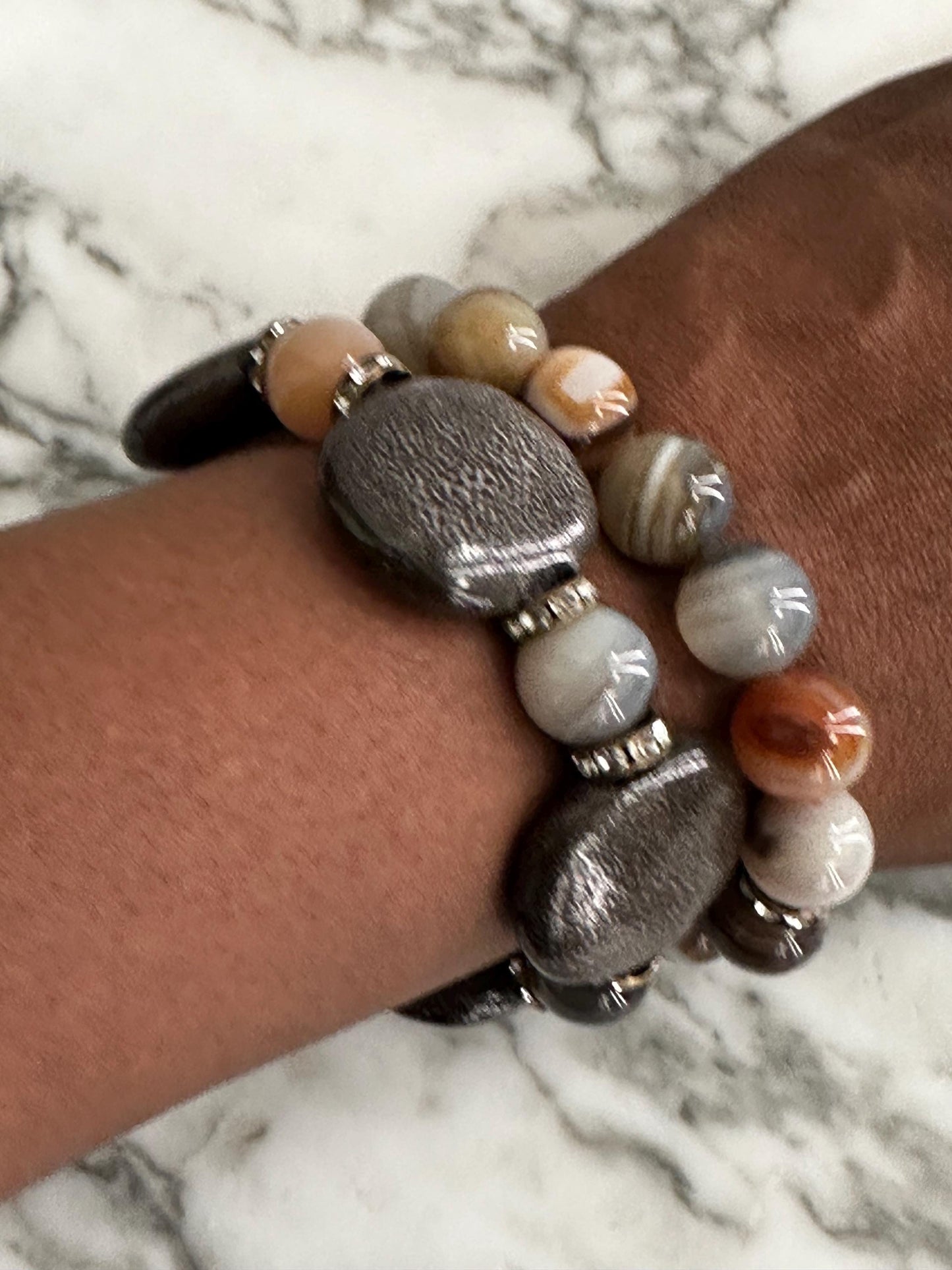 Smokey Ceramic and Agate Beaded Bracelet with Metal Accents | Handmade Natural Stone Jewelry