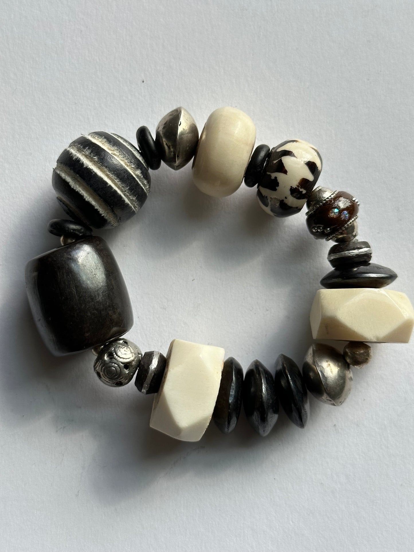 Large Batik Barrel Bone Focal Beaded Bracelet with Wood Saucer Round Faceted and Sauce White Bone Beaded Bracelet