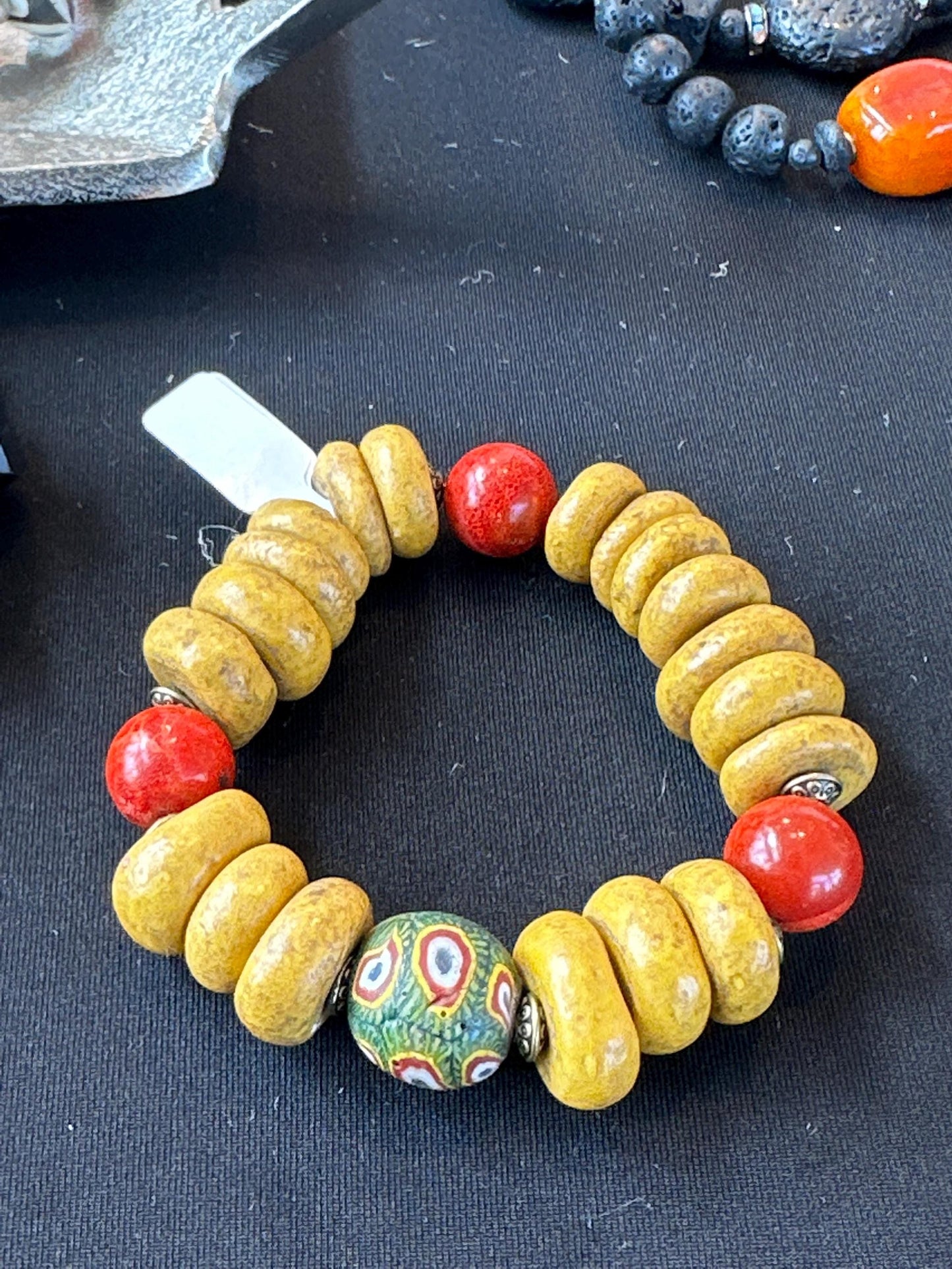 Mustard Gold and Red Clay, Ceramic and Java Beaded Bracelet