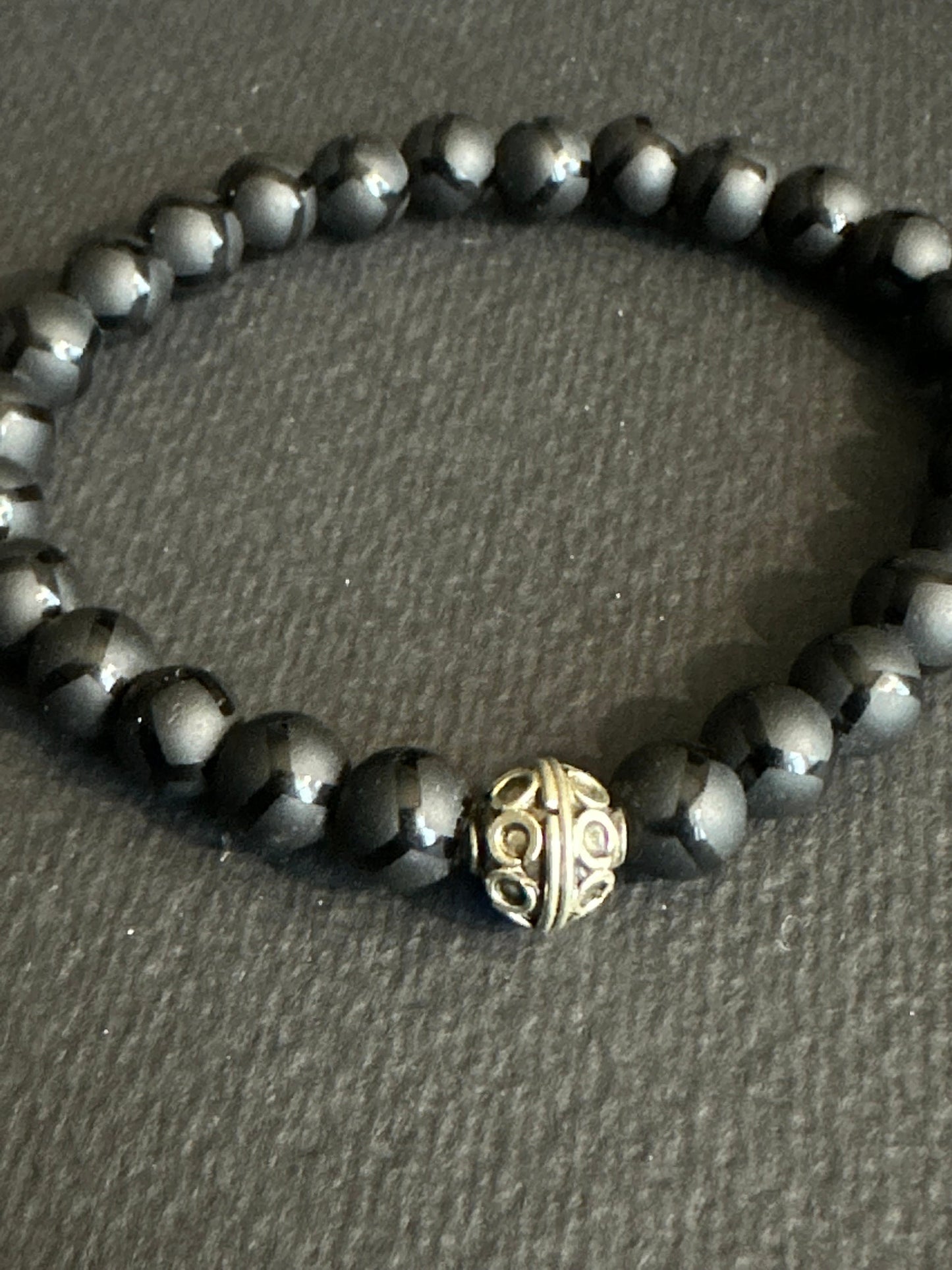 Striped Matte Onyx Bracelet with and Silver Focal Bead