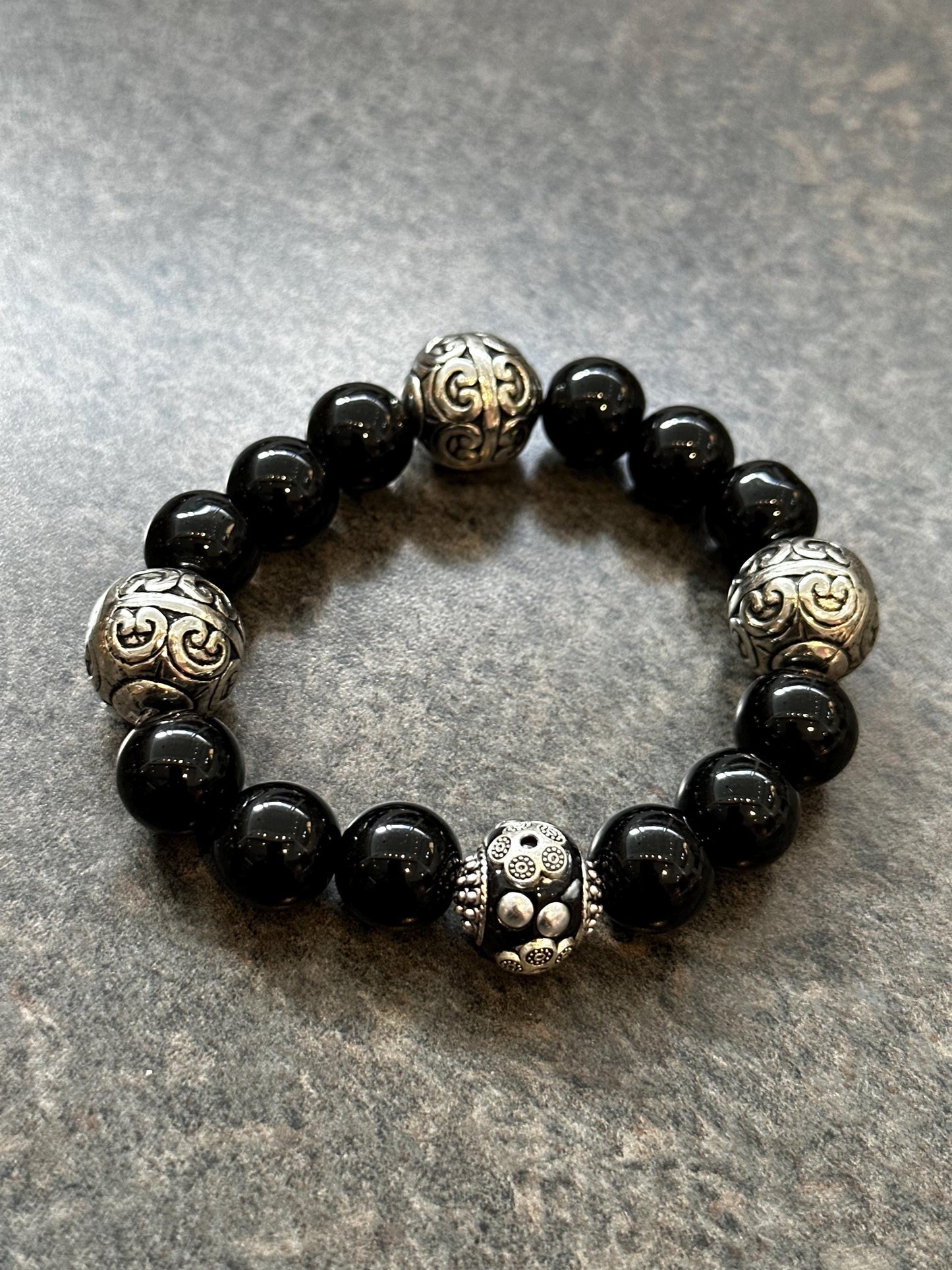 Black Jasper Beaded Bracelet: Handmade Sterling Silver Accent Boho Jewelry