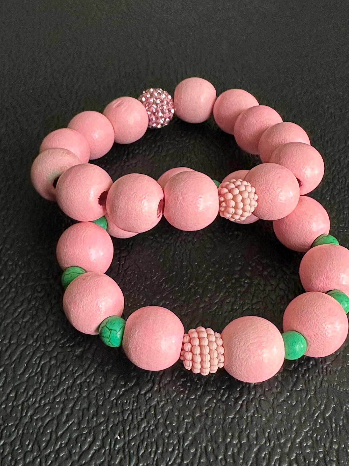 Pink and Green Painted Wood Beaded Bracelet