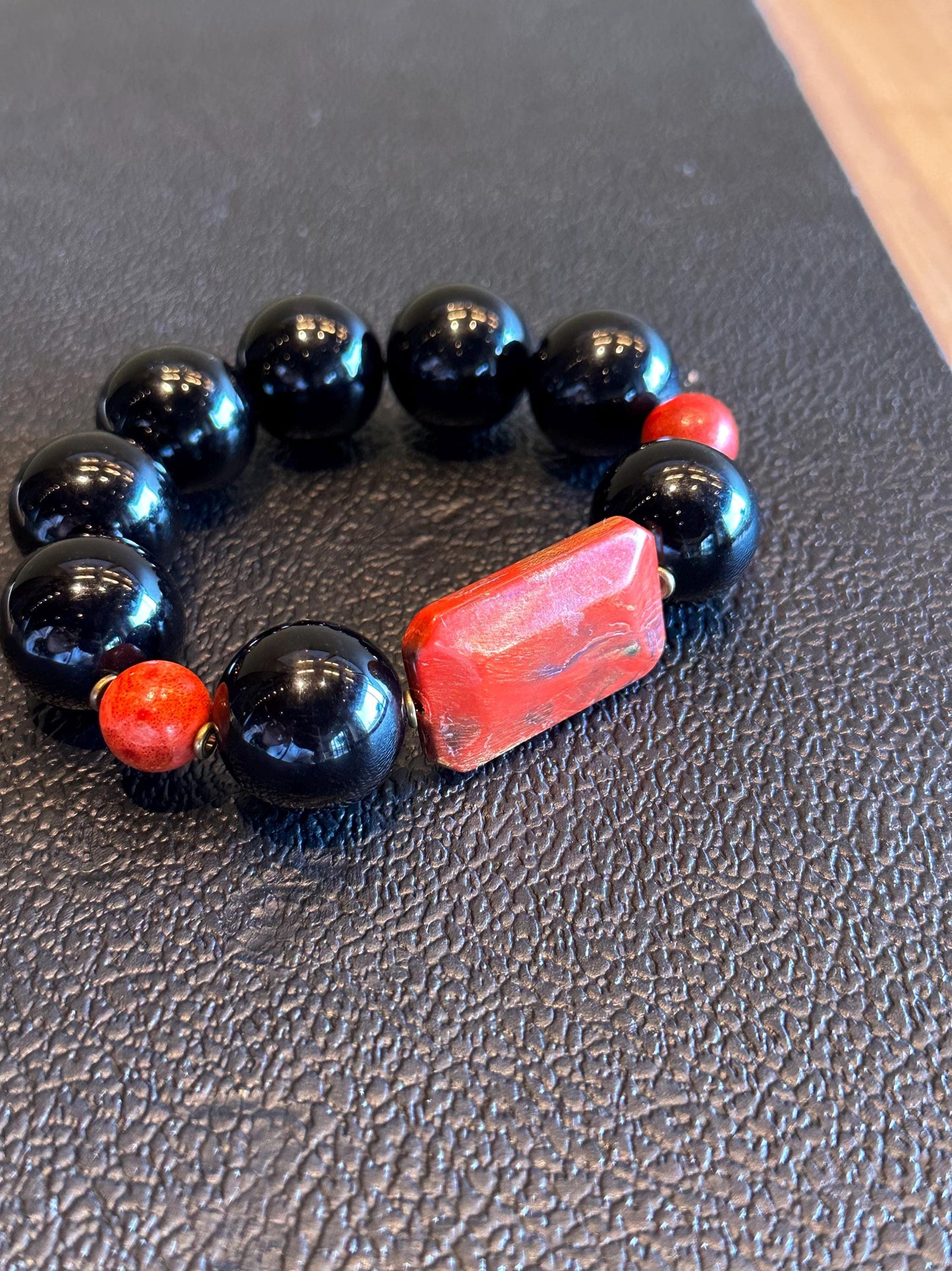 Handmade Black and Red Beaded Statement Stretch Bracelet