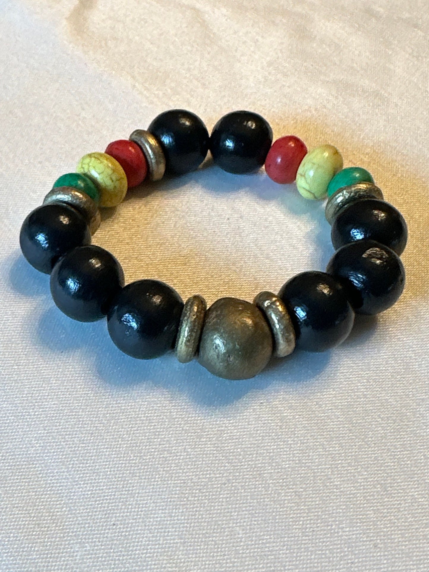 Black Red Yellow Green Wood and Brass Unisex Bracelet