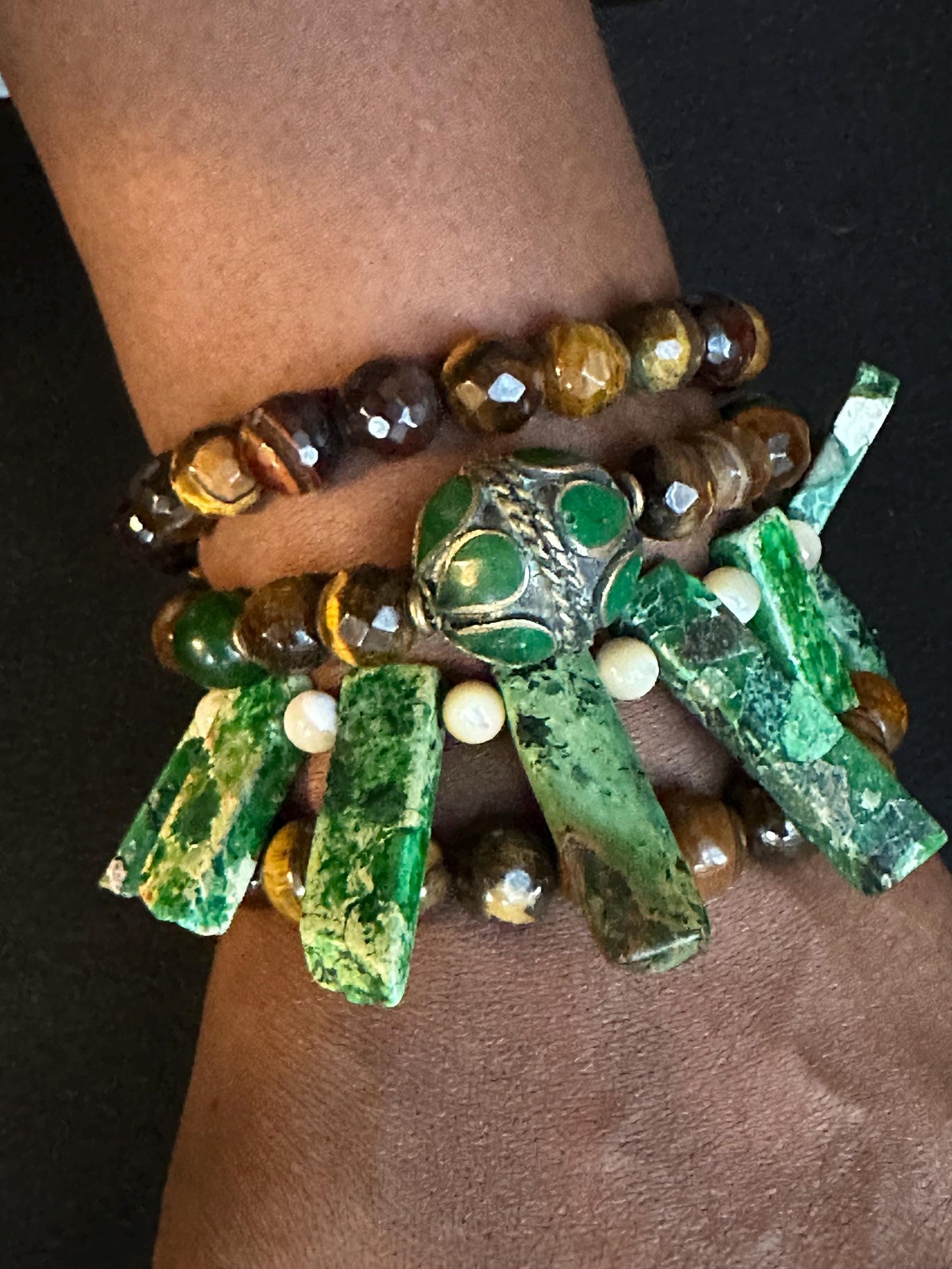 Earthy Roots- A blend of Tiger’s Eye and Jasper Bracelets with Tribal Inlaid Brass Focal Bead