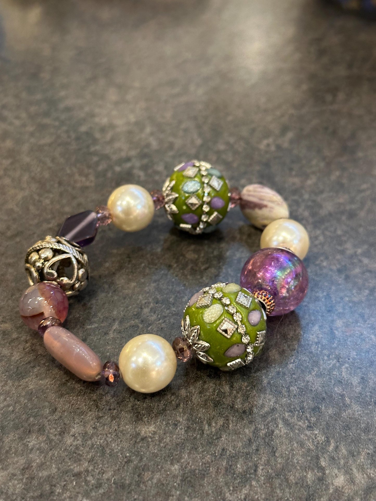 Purple Glass Beads with Pearl and Ceramic Focal Beads