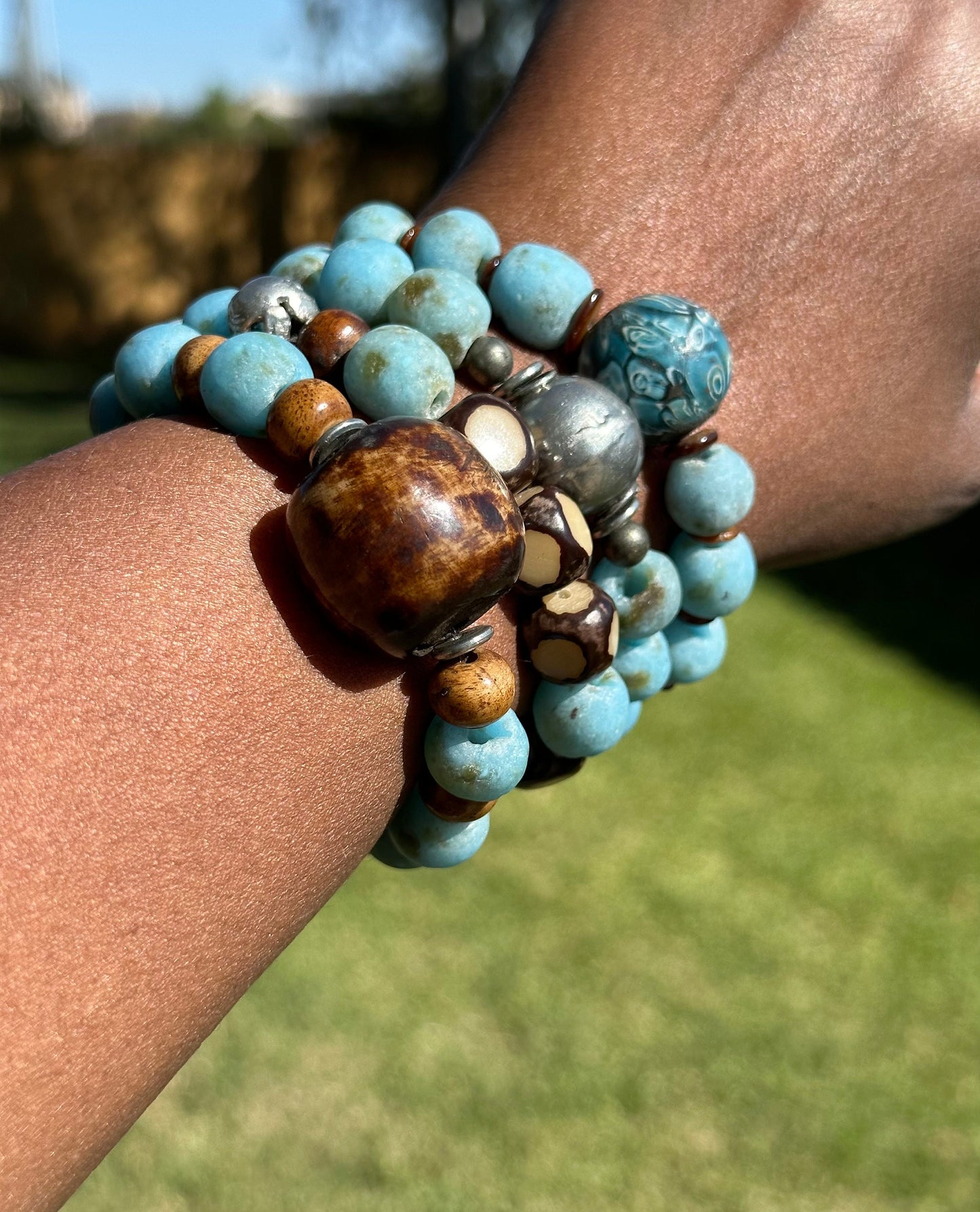 Vintage Turquoise Colored Recycled Glass and Brown Wood Bracelet