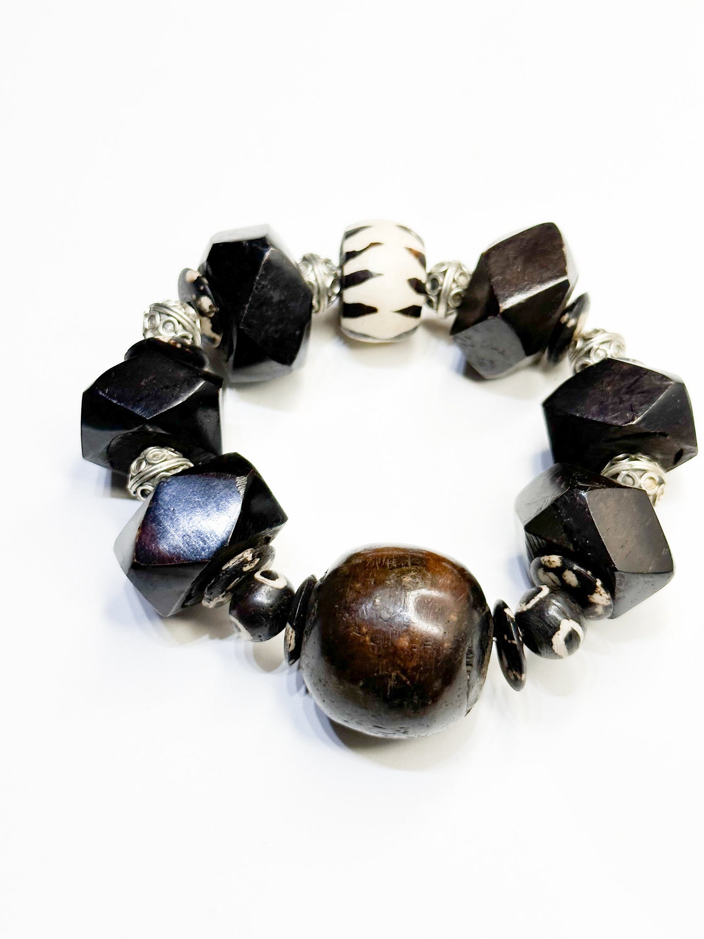 Faceted Wood Unisex Tribal Bracelet with Brown and Silver Berber Accent Beads
