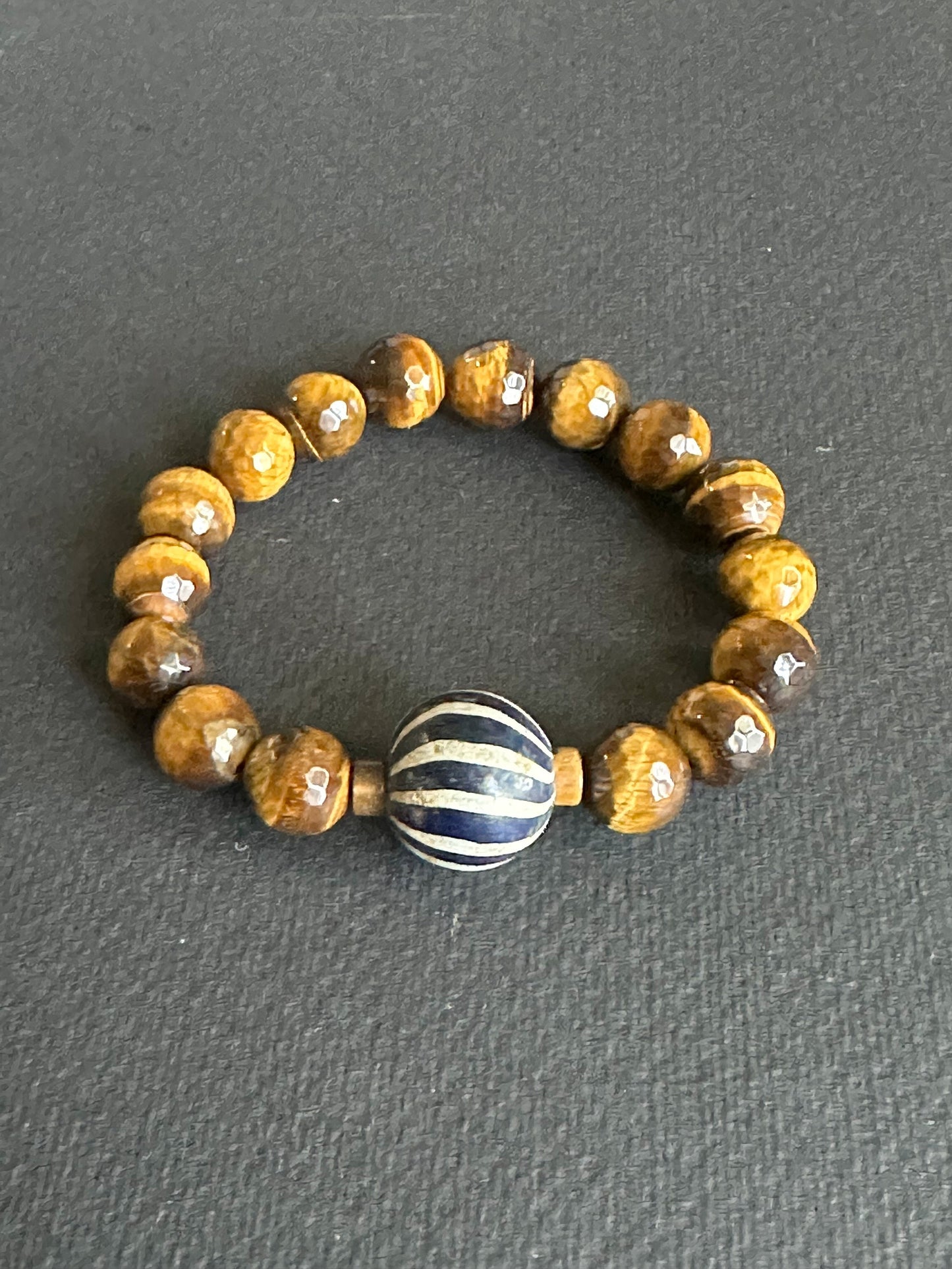 Tiger’s Eye Unisex Bracelet with Navy and White Java Focal Bead