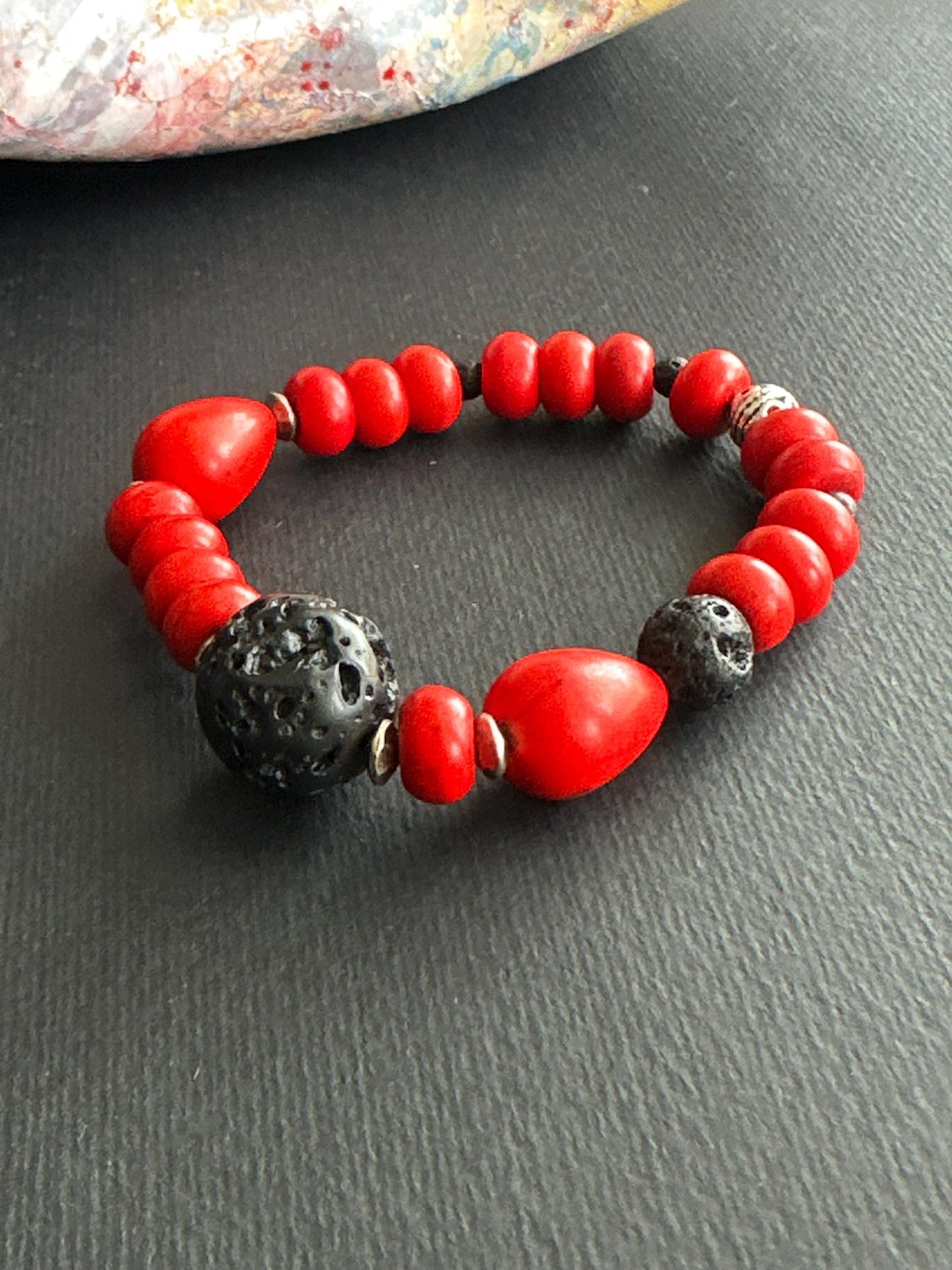 Red and Black Lava Stone and Ceramic Single or Stack Unisex Bracelets