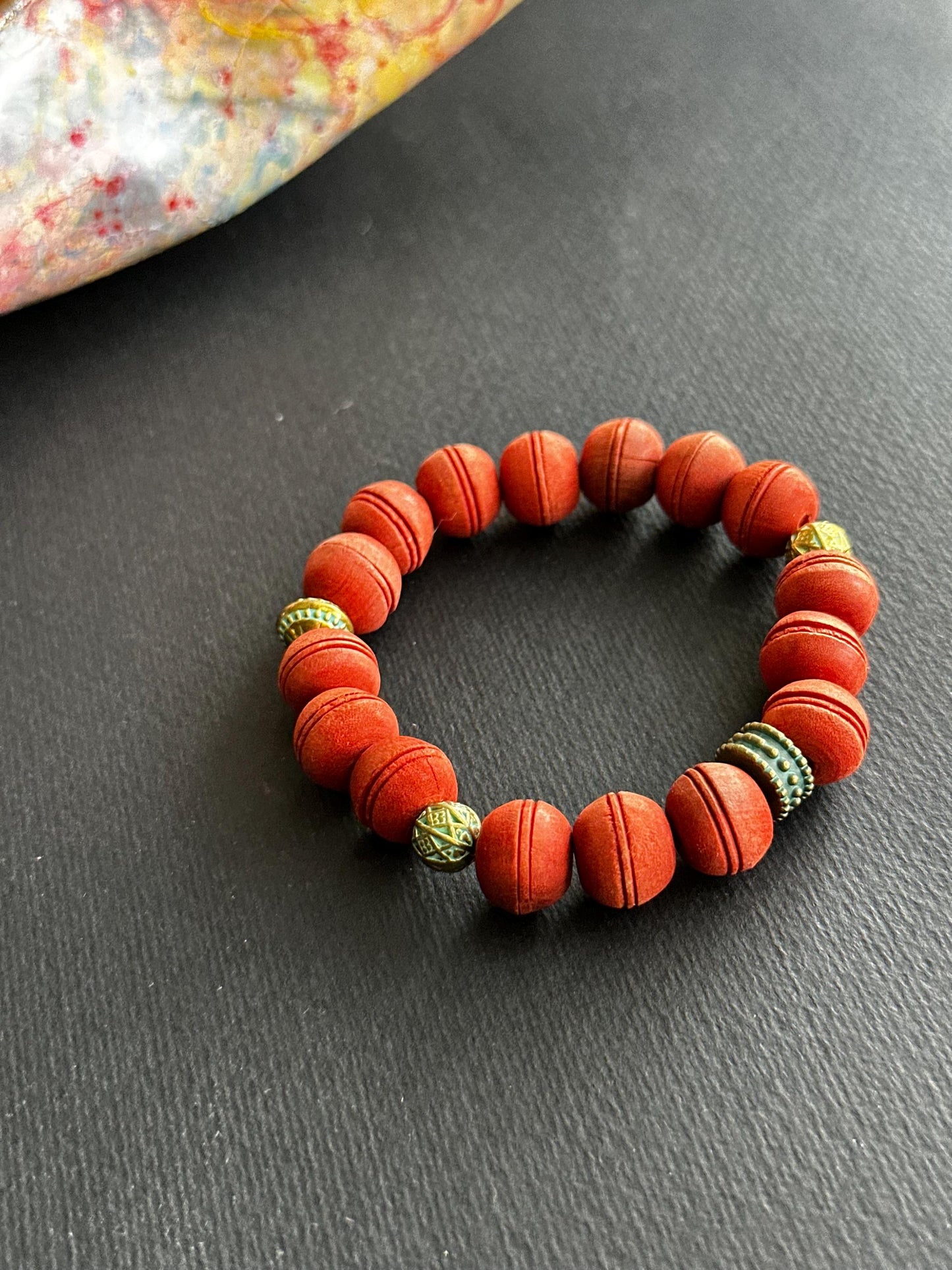 Carved Wood and Metal Unisex Bracelet
