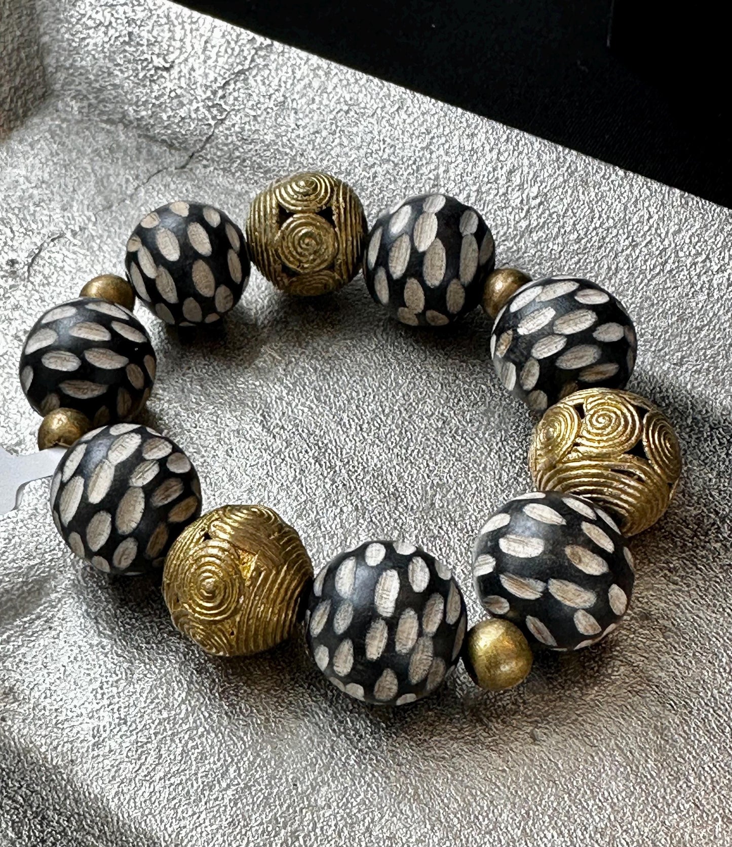 Black and Cream Carved Philippine Wood Beads with Brass Filigree Beads