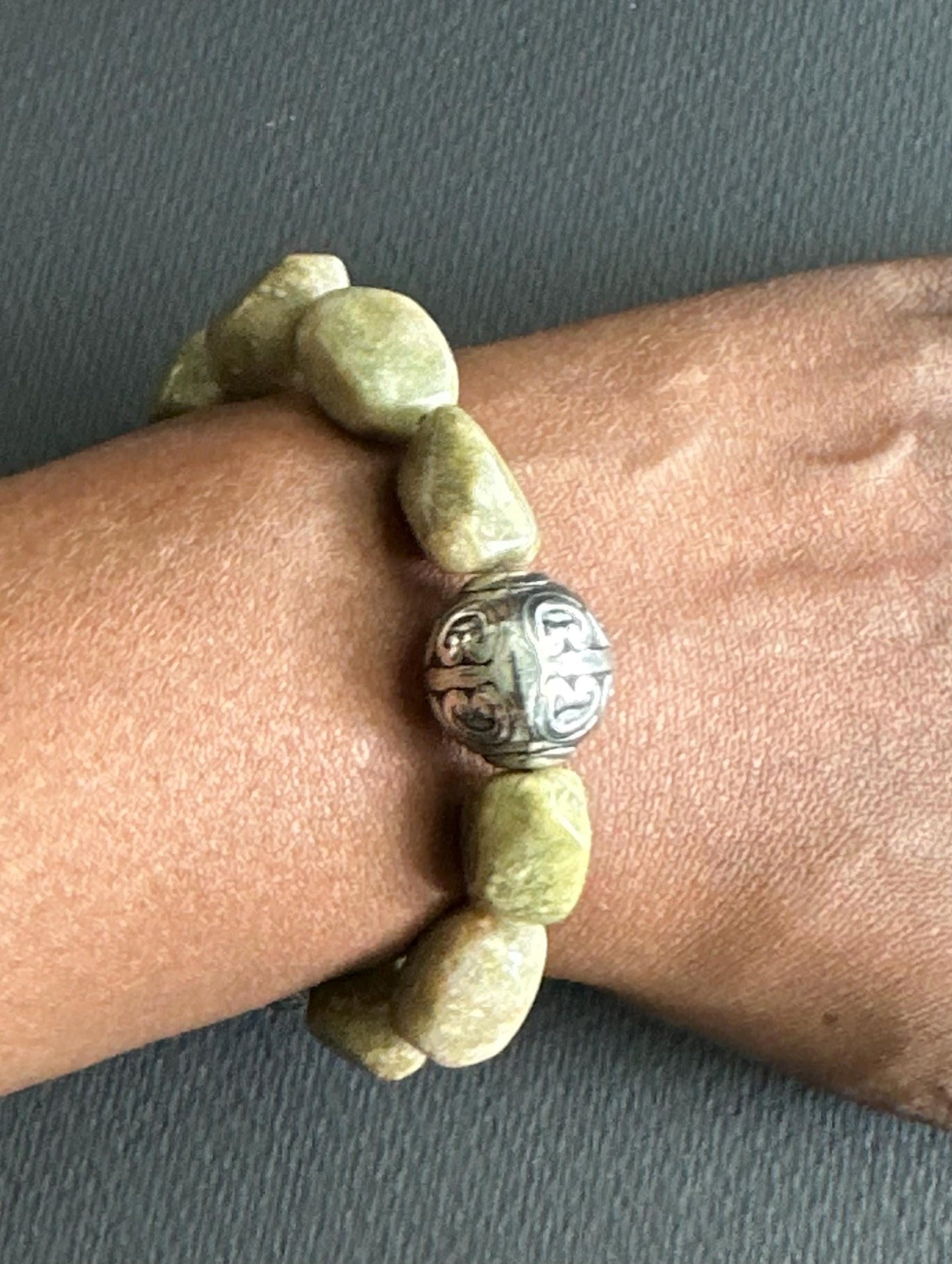 Earthtone Nugget Bracelet: Ornate Silver Focal, Handmade Gemstone Beads