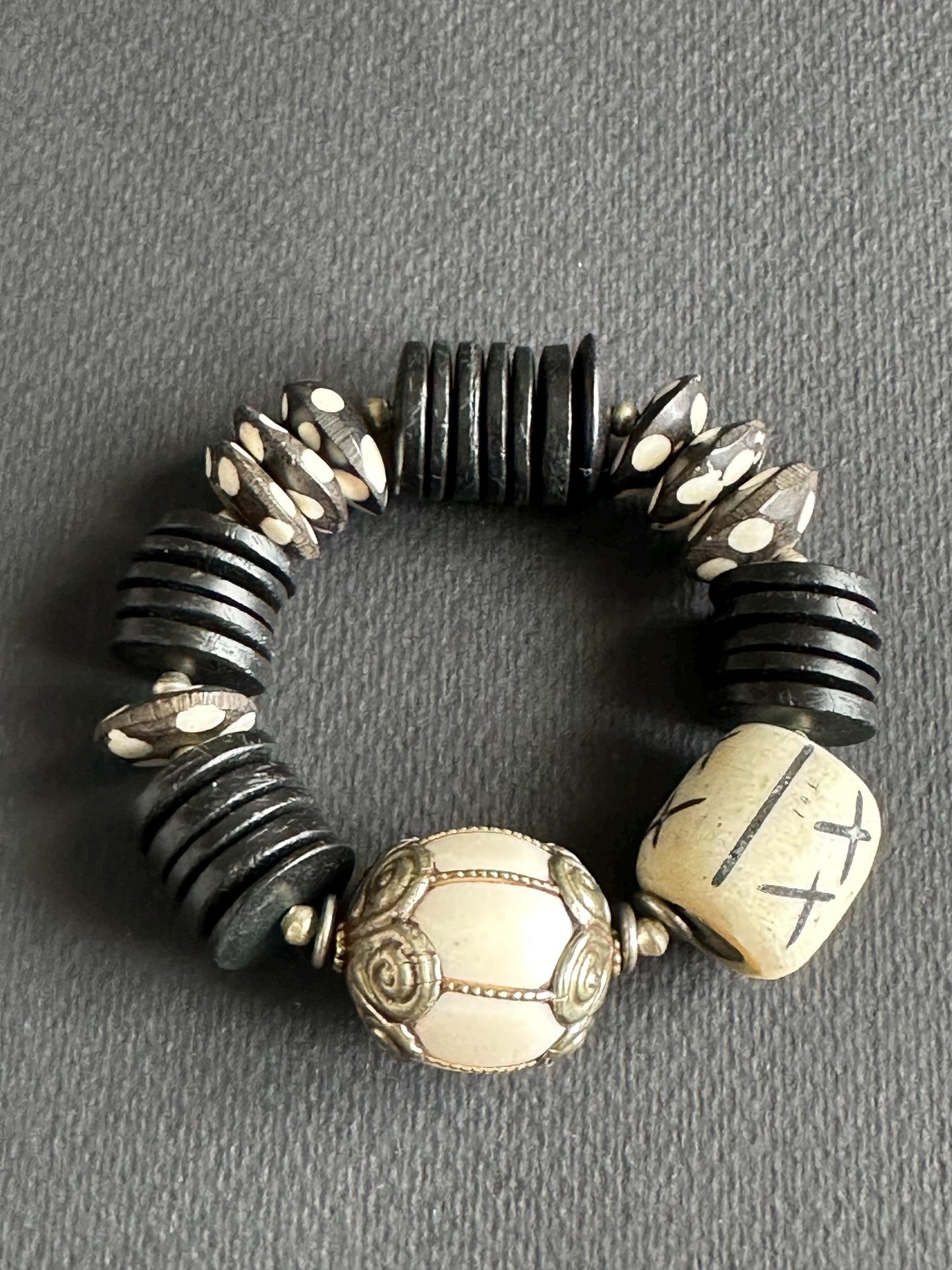 Black and White Bracelet with Carved X and Polka Dots Saucer Bone Beads Bracelet