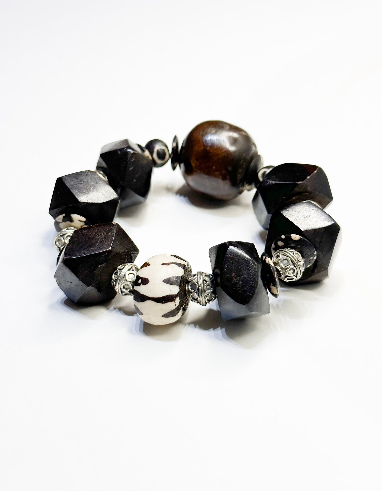 Faceted Wood Unisex Tribal Bracelet with Brown and Silver Berber Accent Beads