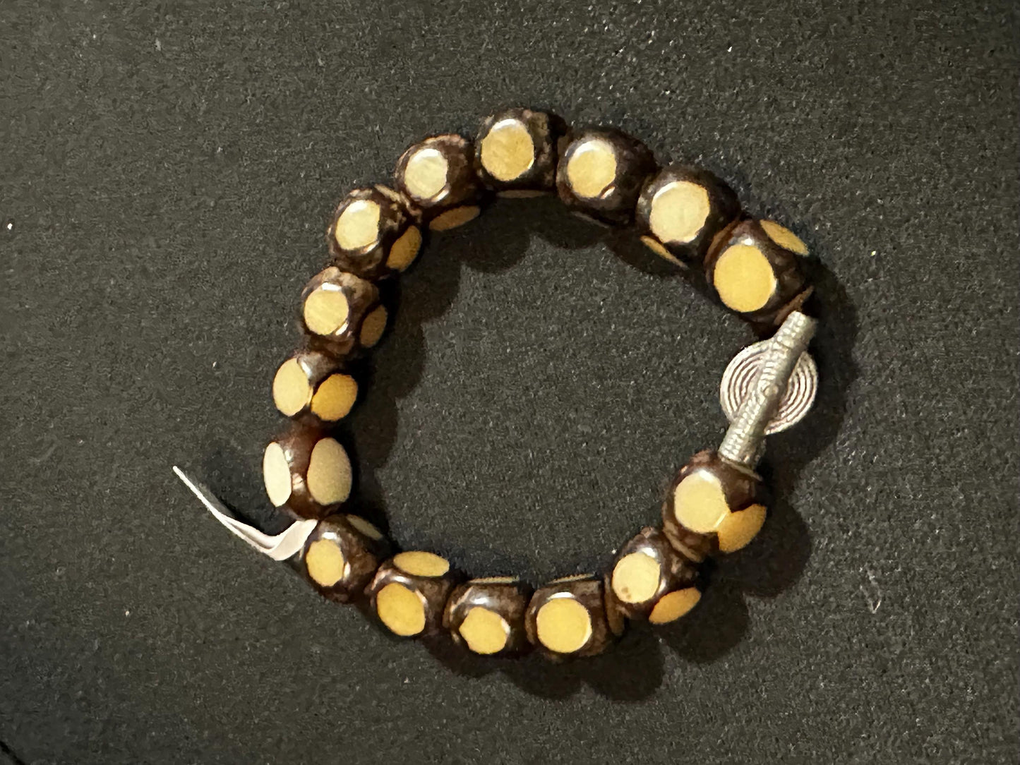 Carved Nut Wood Faceted Beaded Bracelet