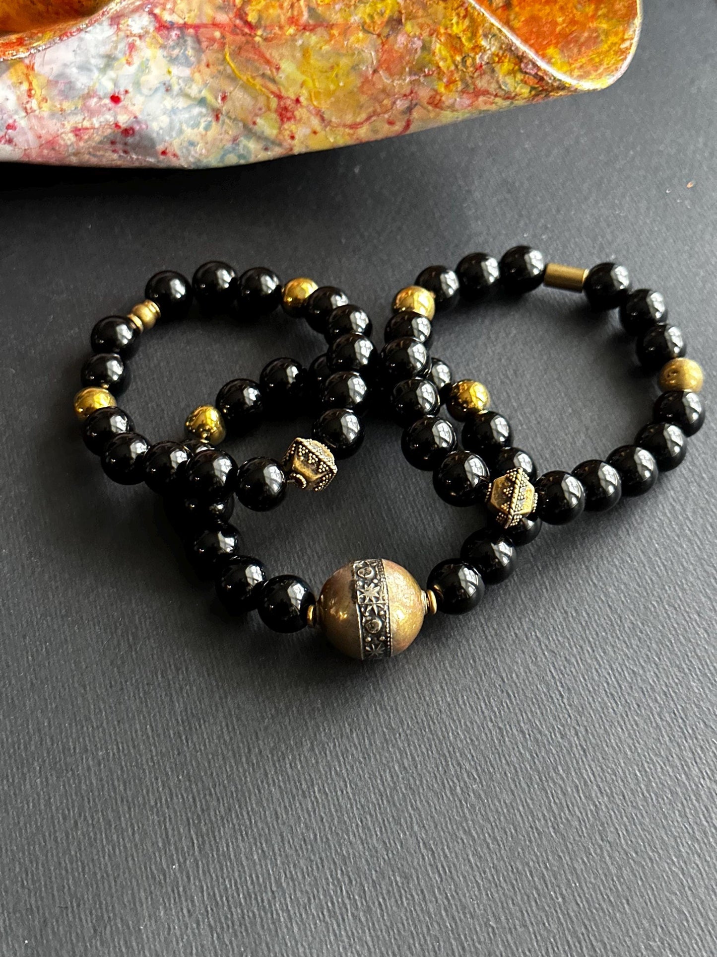 Black Jasper Beaded Bracelet with Vermeil Bead