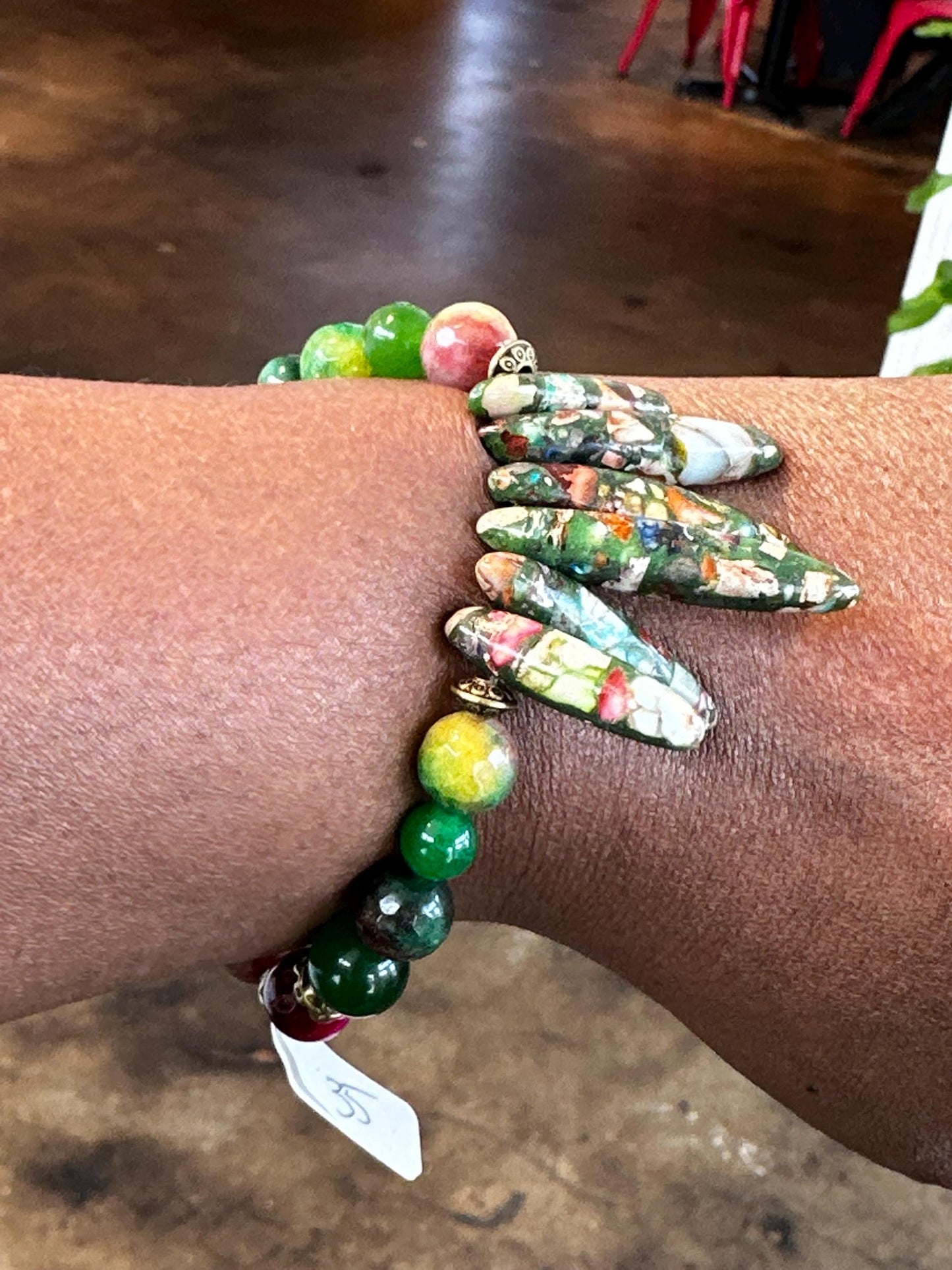 Green and Pink Multi Bracelet with Spiked Focal Beads