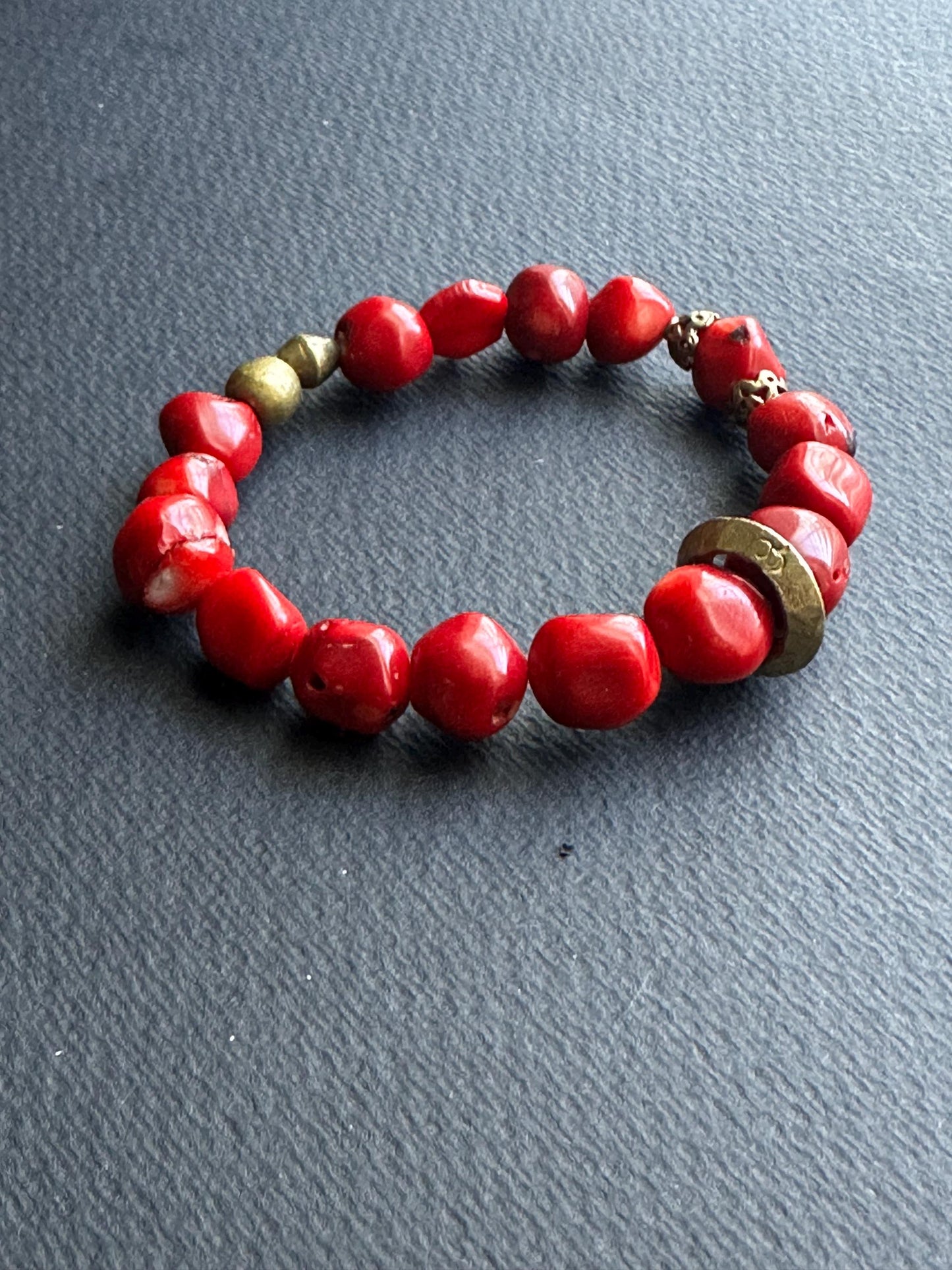 Red Coral with Gold Accent Beaded Bracelet