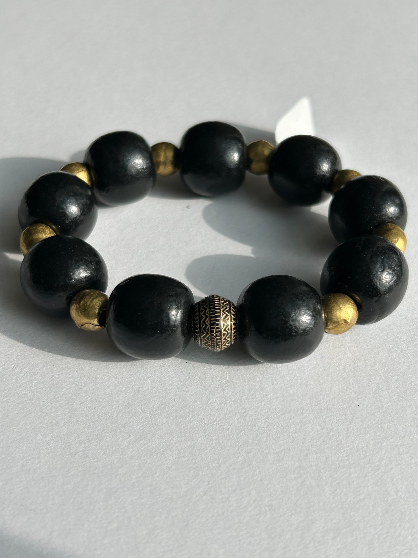 Black Wood Beaded Bracelet with Gold Accents
