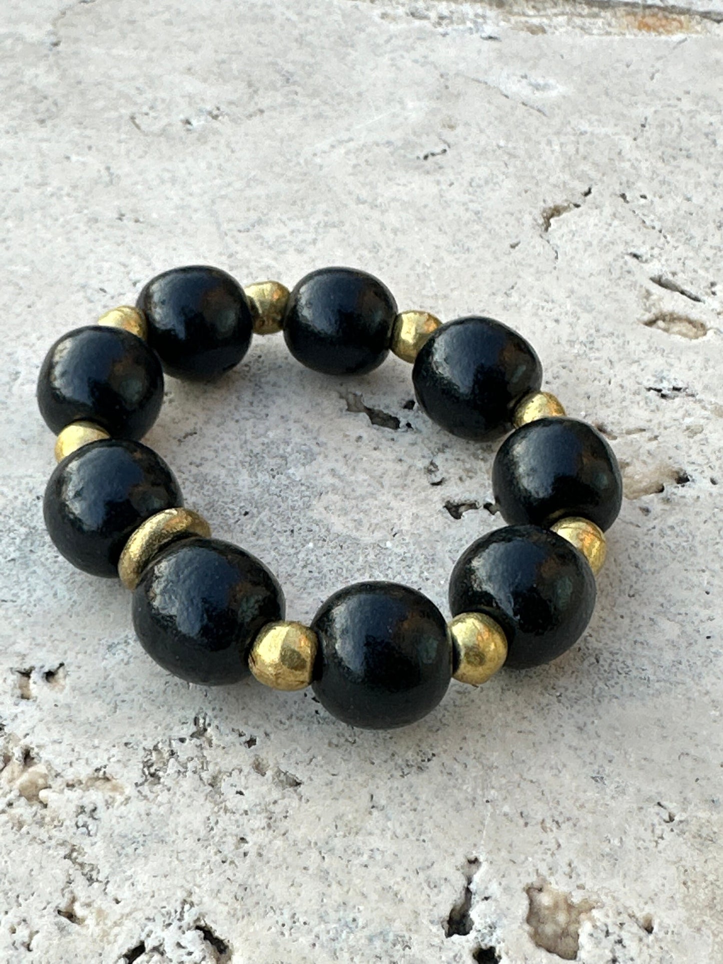Brass and Large Black Wood Beads Unisex Bracelet
