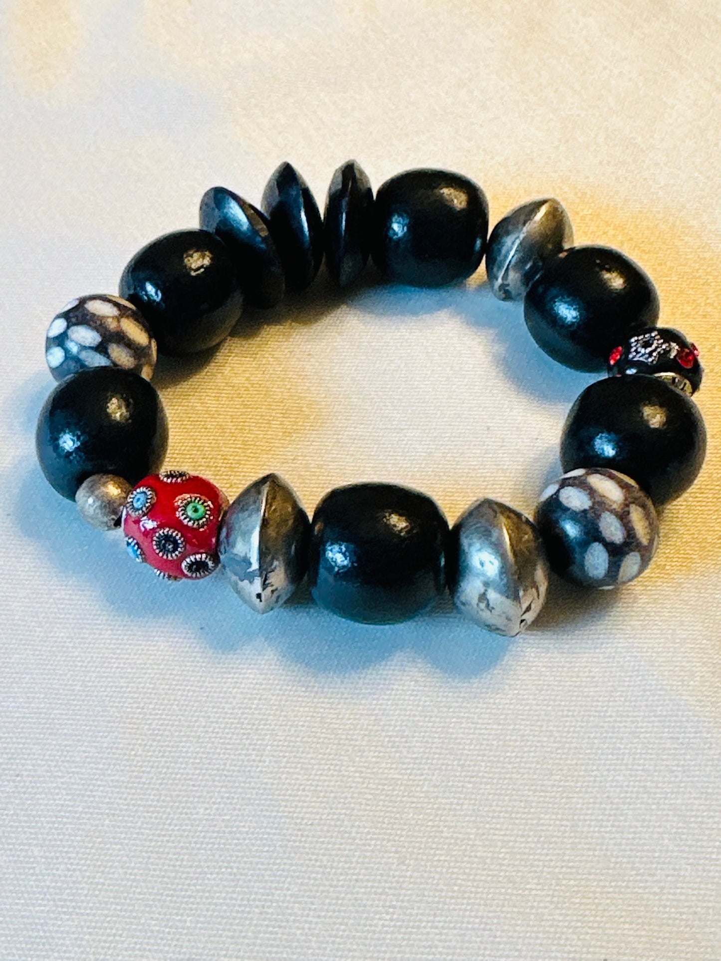 Black Wood and Silver Beaded Bracelet with Philippine Wood Beads with Petite Ceramic Accent Beads
