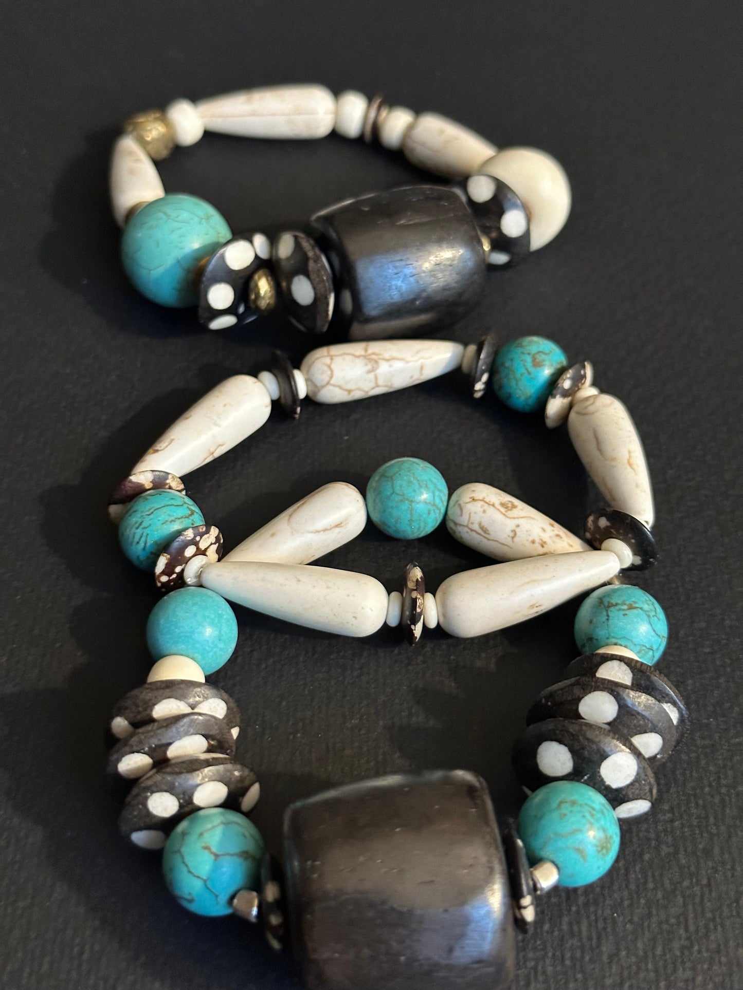 Turquoise Colored Brown and Cream Large Chunky Beaded Bracelet