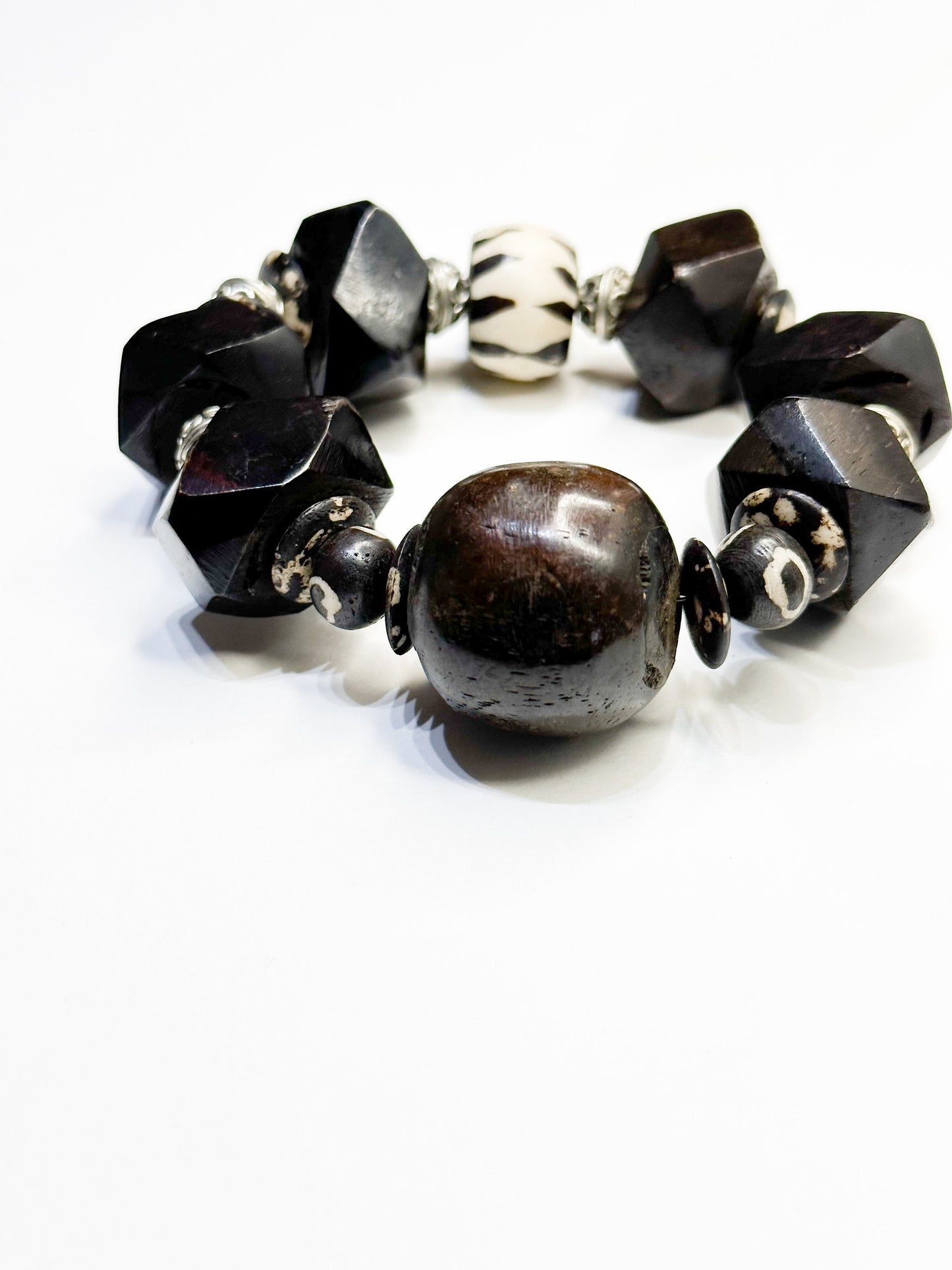 Faceted Wood Unisex Tribal Bracelet with Brown and Silver Berber Accent Beads