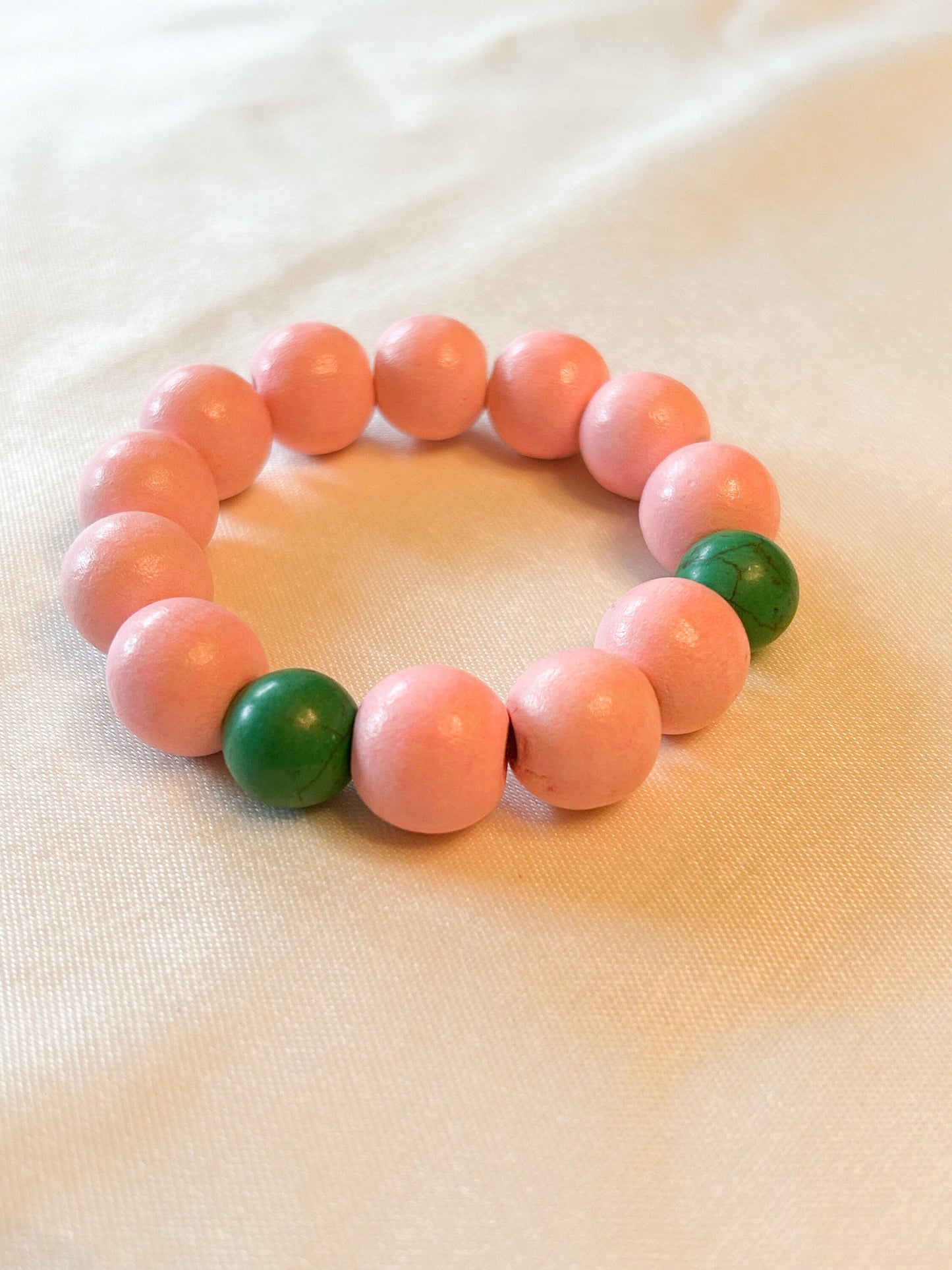 Pink and Green Painted Wood Beaded Bracelet