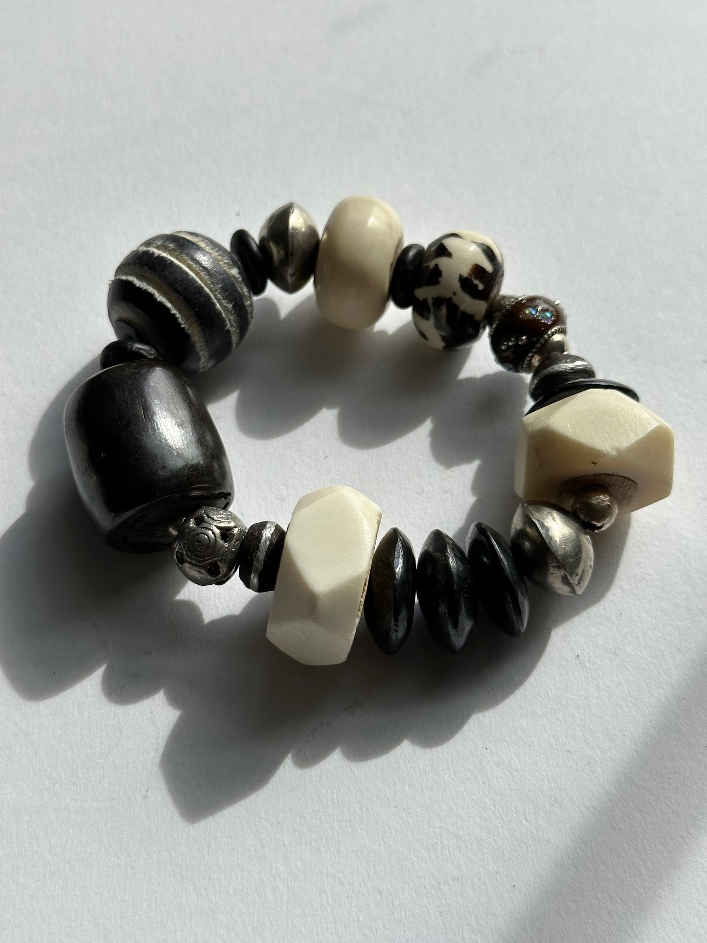 Large Batik Barrel Bone Focal Beaded Bracelet with Wood Saucer Round Faceted and Sauce White Bone Beaded Bracelet