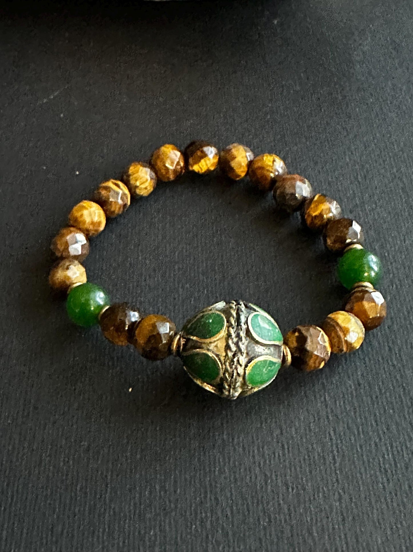 Earthy Roots- A blend of Tiger’s Eye and Jasper Bracelets with Tribal Inlaid Brass Focal Bead