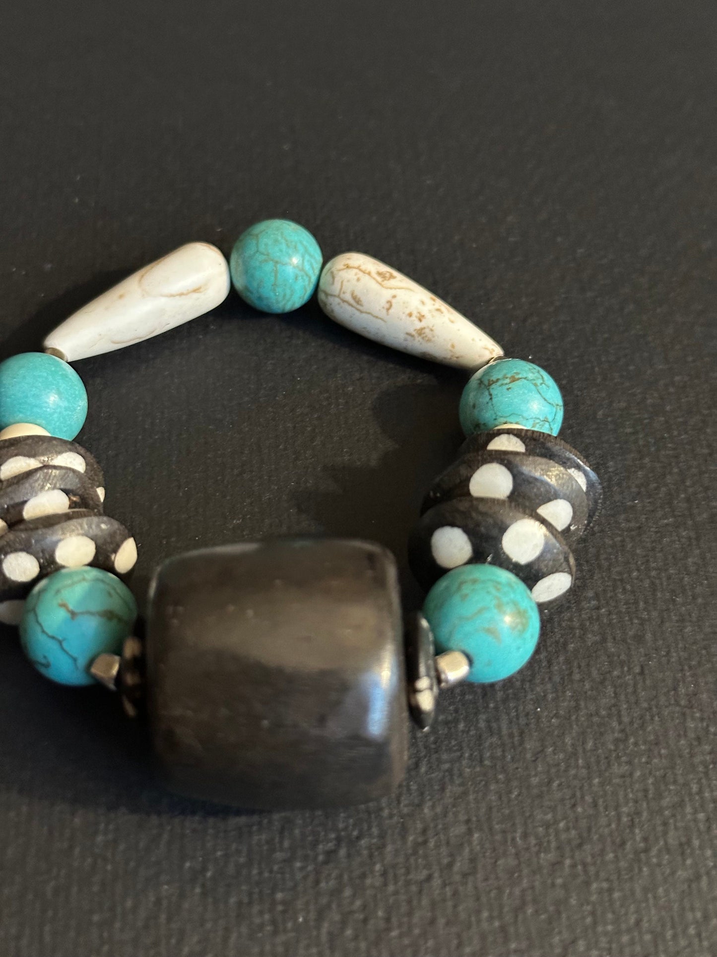Turquoise Colored Brown and Cream Large Chunky Beaded Bracelet