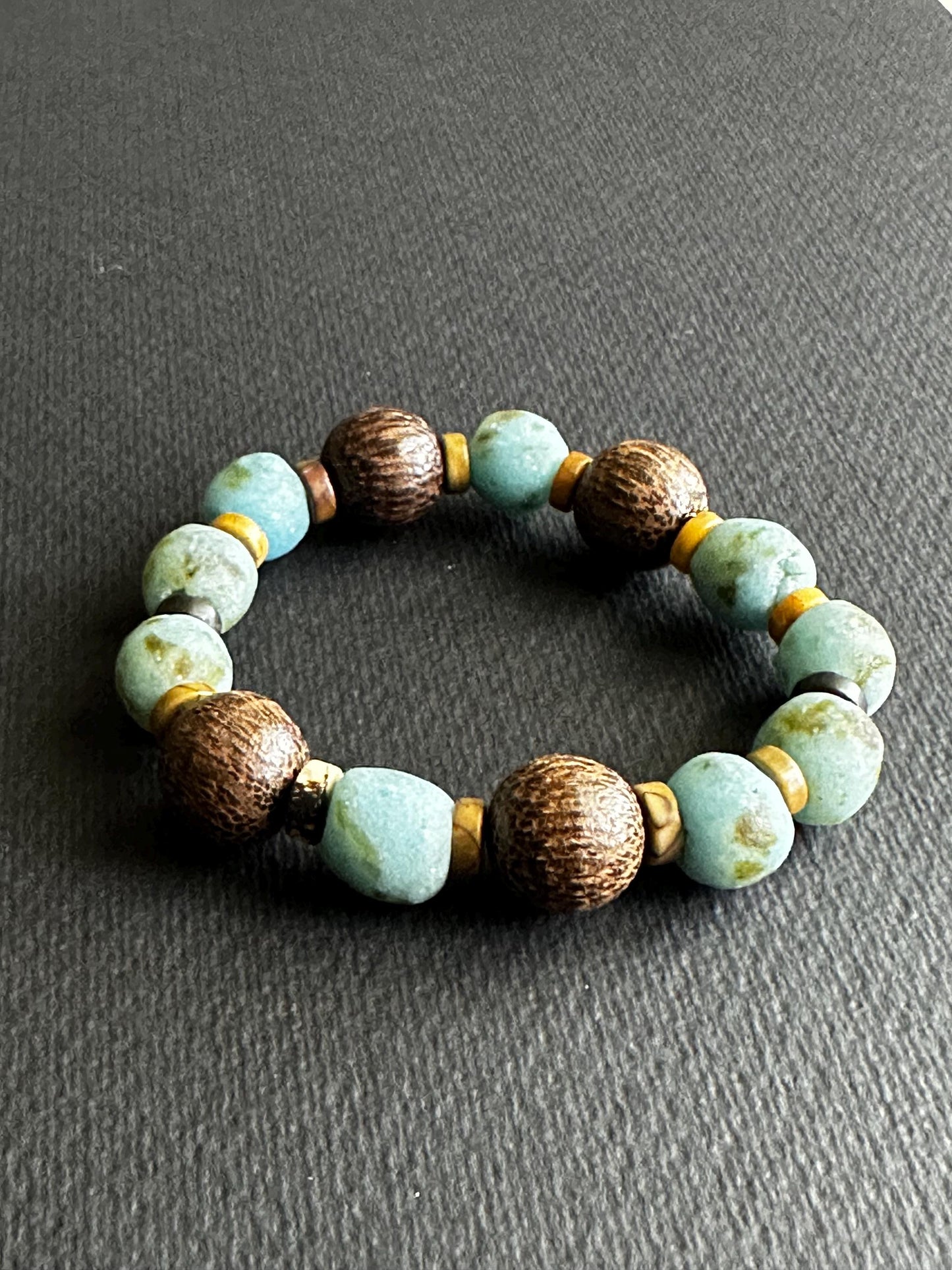 Ocean Earth | Turquoise Recycled Glass Bracelet with Wood Beads | Unisex | Handmade by Attrice